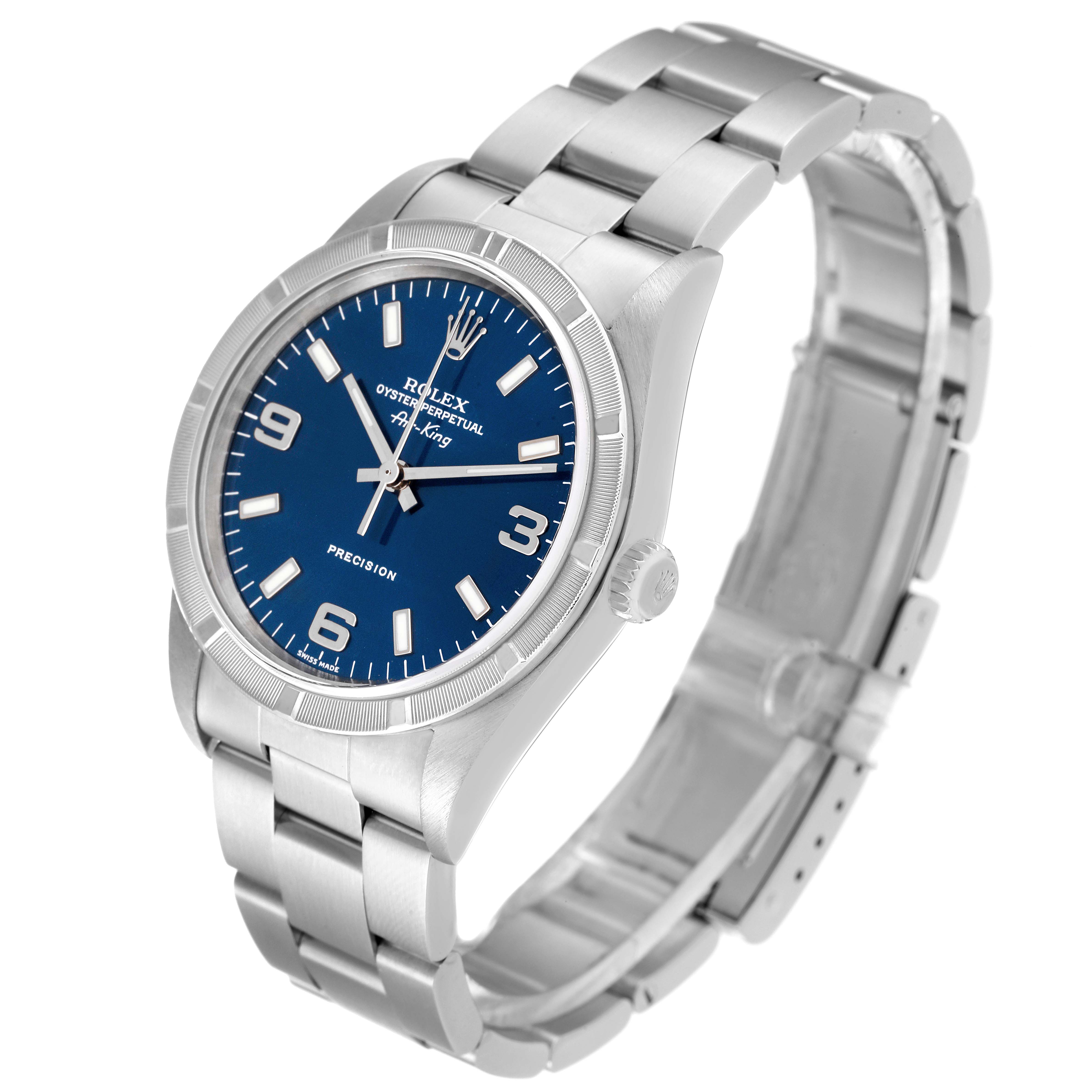 The Rolex Air-King 14010 Men's Stainless Steel Blue Dial 14010 Men's Stainless Steel Blue Dial watch is shown at a front angle, highlighting the face, bezel, crown, and bracelet.