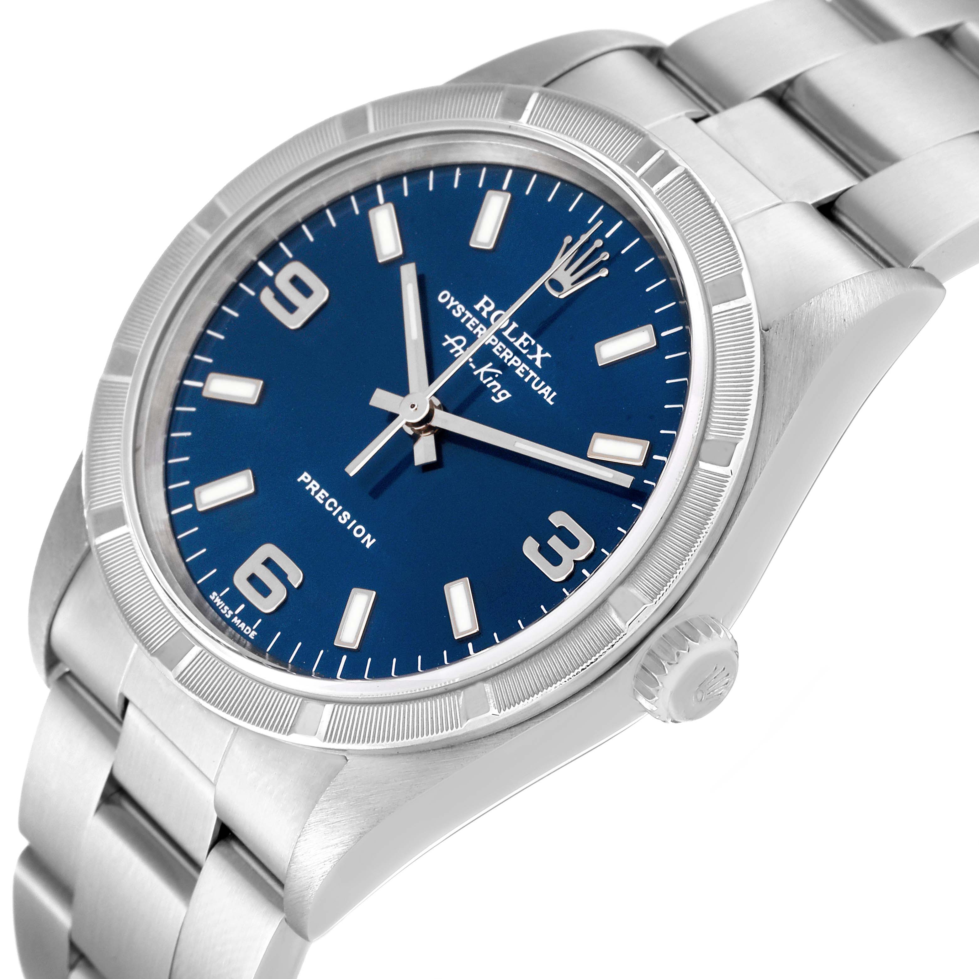 This image shows a close-up, angled view of the face, bezel, and part of the bracelet of the Rolex Air-King 14010 Men's Stainless Steel Blue Dial 14010 Men's Stainless Steel Blue Dial watch.