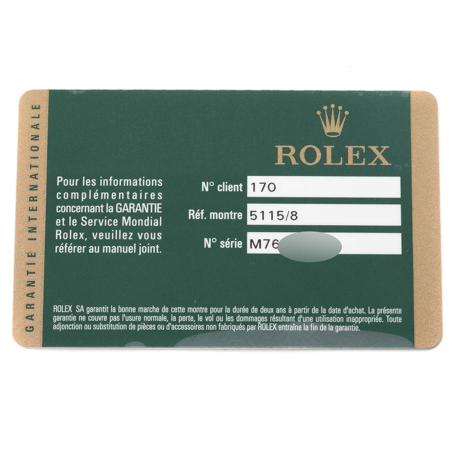The image shows a warranty card for a Rolex Cellini 5115 Men's Yellow Gold Mother of Pearl Dial 5115 Men's Yellow Gold Mother of Pearl Dial model, displaying client, reference, and serial numbers.