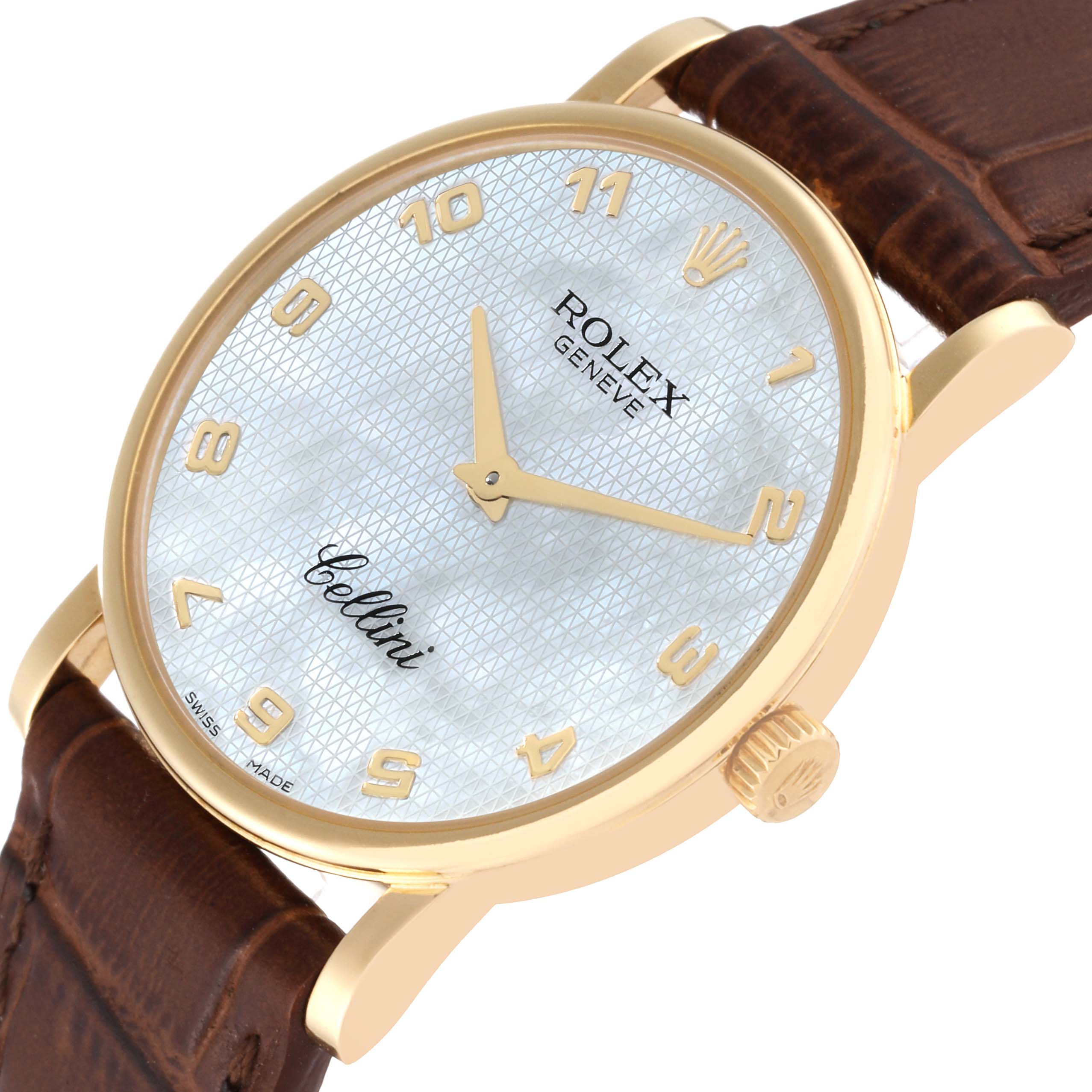 The image shows the face and part of the strap of the Rolex Cellini 5115 Men's Yellow Gold Mother of Pearl Dial 5115 Men's Yellow Gold Mother of Pearl Dial watch at a slight angle.
