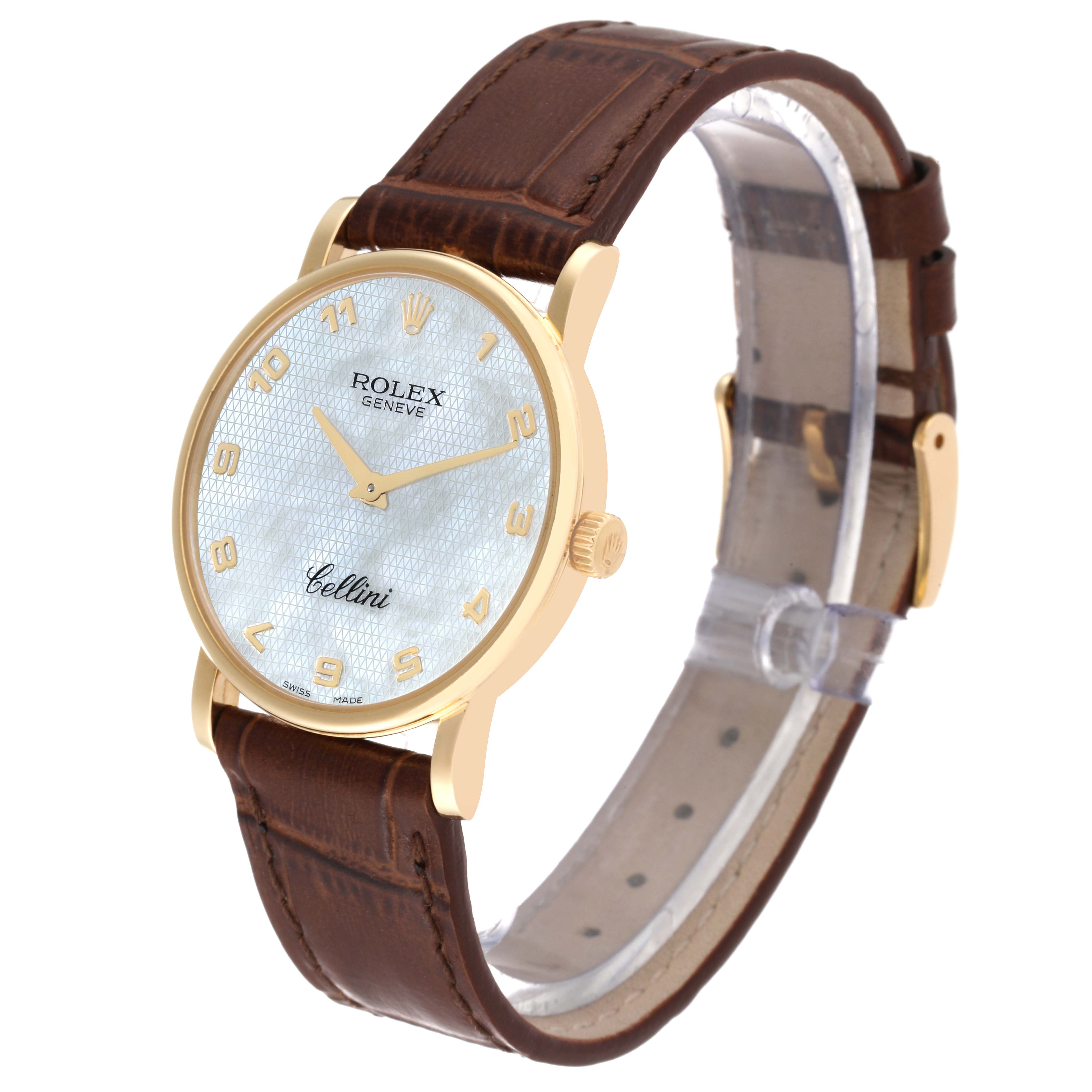 The Rolex Cellini 5115 Men's Yellow Gold Mother of Pearl Dial 5115 Men's Yellow Gold Mother of Pearl Dial watch is shown at a three-quarter angle, displaying its face, case, crown, and leather strap.