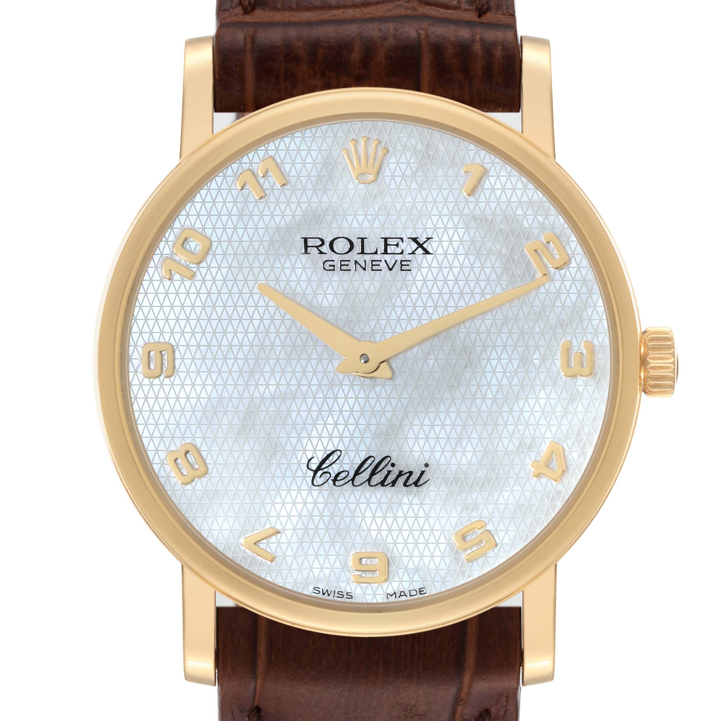 The image shows a front view of a Rolex Cellini 5115 Men's Yellow Gold Mother of Pearl Dial 5115 Men's Yellow Gold Mother of Pearl Dial watch featuring its dial, hands, crown, case, and strap.