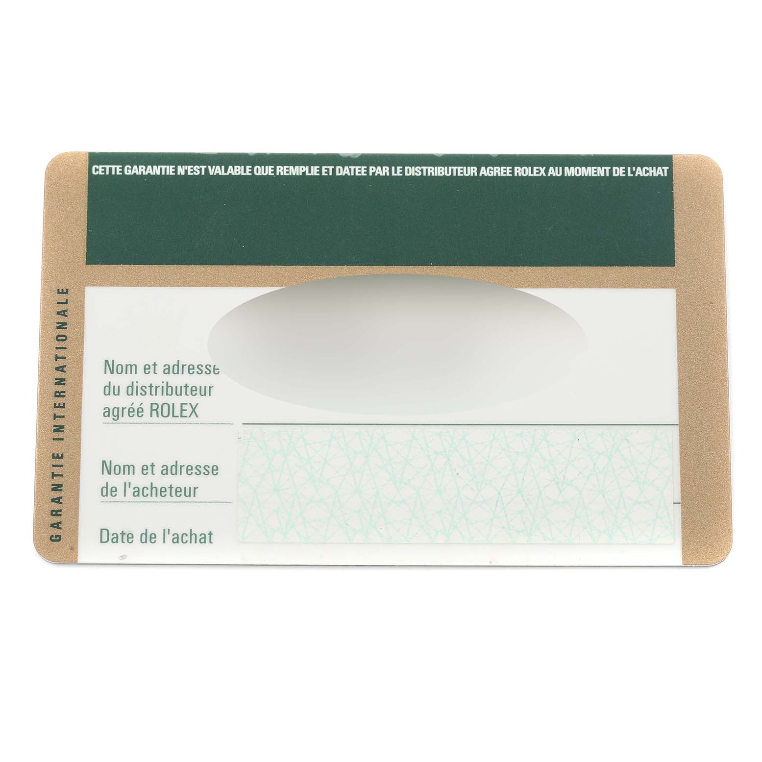 The image shows a close-up view of the warranty card for a Rolex Cellini 5115 Men's Yellow Gold Mother of Pearl Dial 5115 Men's Yellow Gold Mother of Pearl Dial watch.