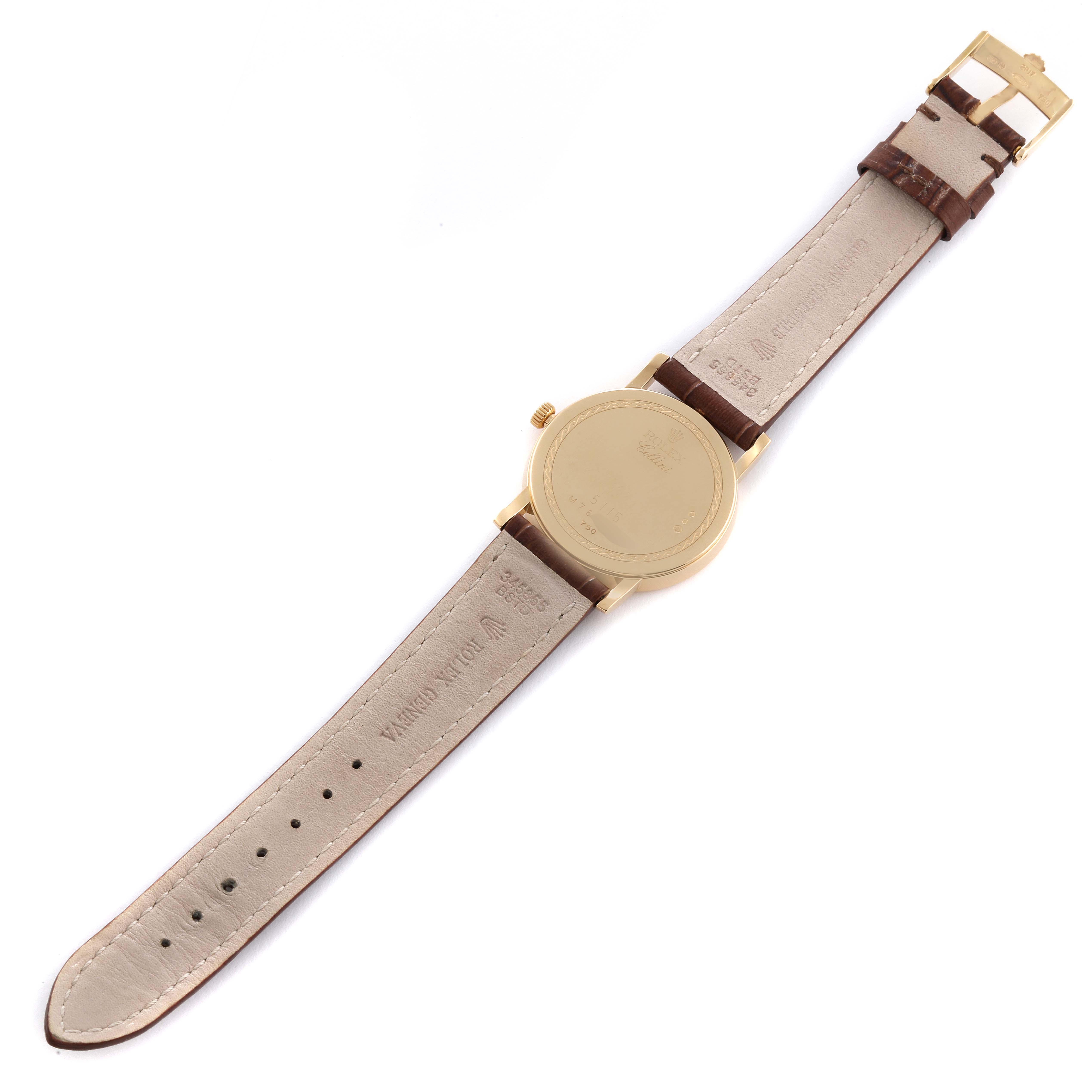 The image shows the back and strap of a Rolex Cellini 5115 Men's Yellow Gold Mother of Pearl Dial 5115 Men's Yellow Gold Mother of Pearl Dial watch, displayed flat and fully extended.