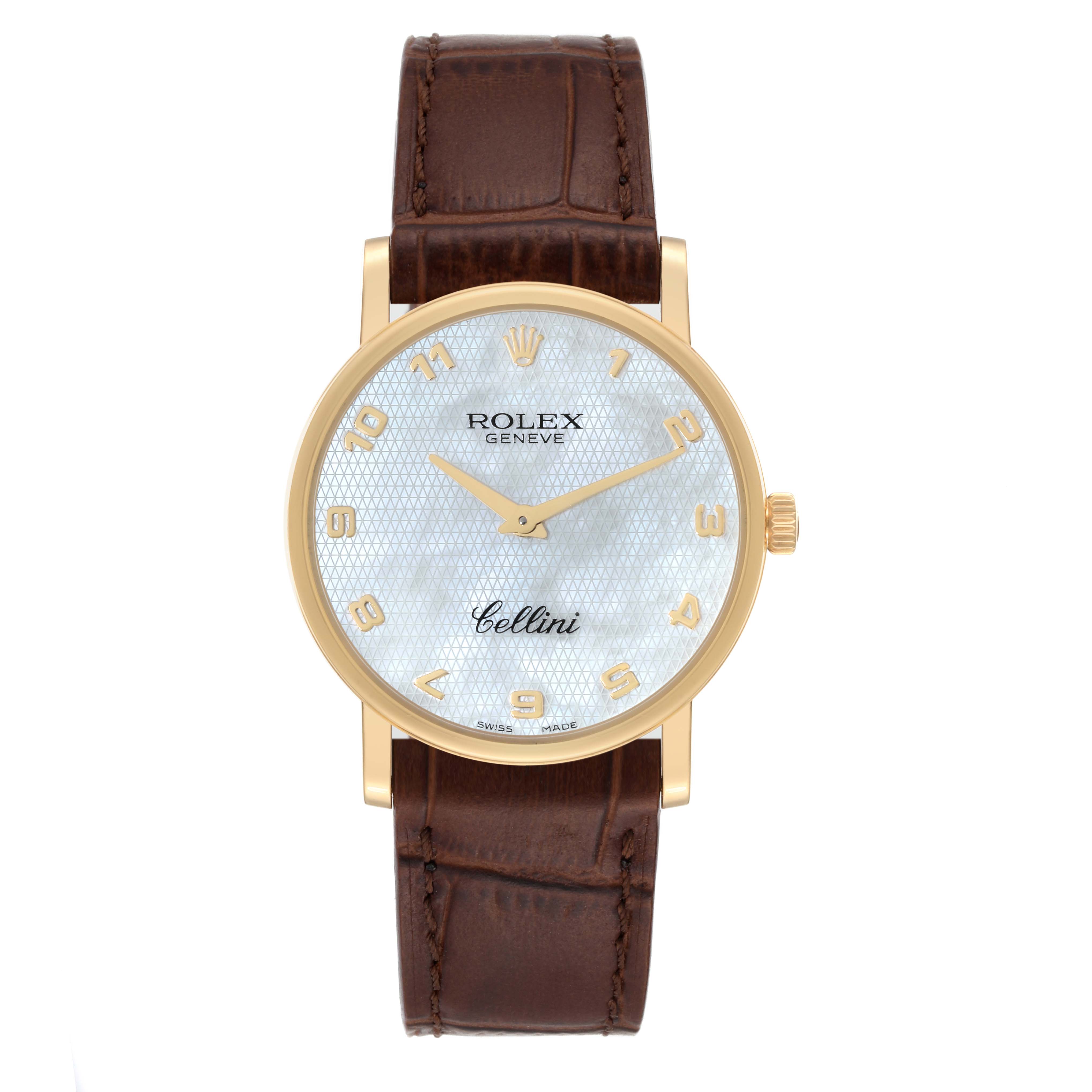 The Rolex Cellini 5115 Men's Yellow Gold Mother of Pearl Dial 5115 Men's Yellow Gold Mother of Pearl Dial watch is shown from a front angle, displaying its dial, case, and leather strap.