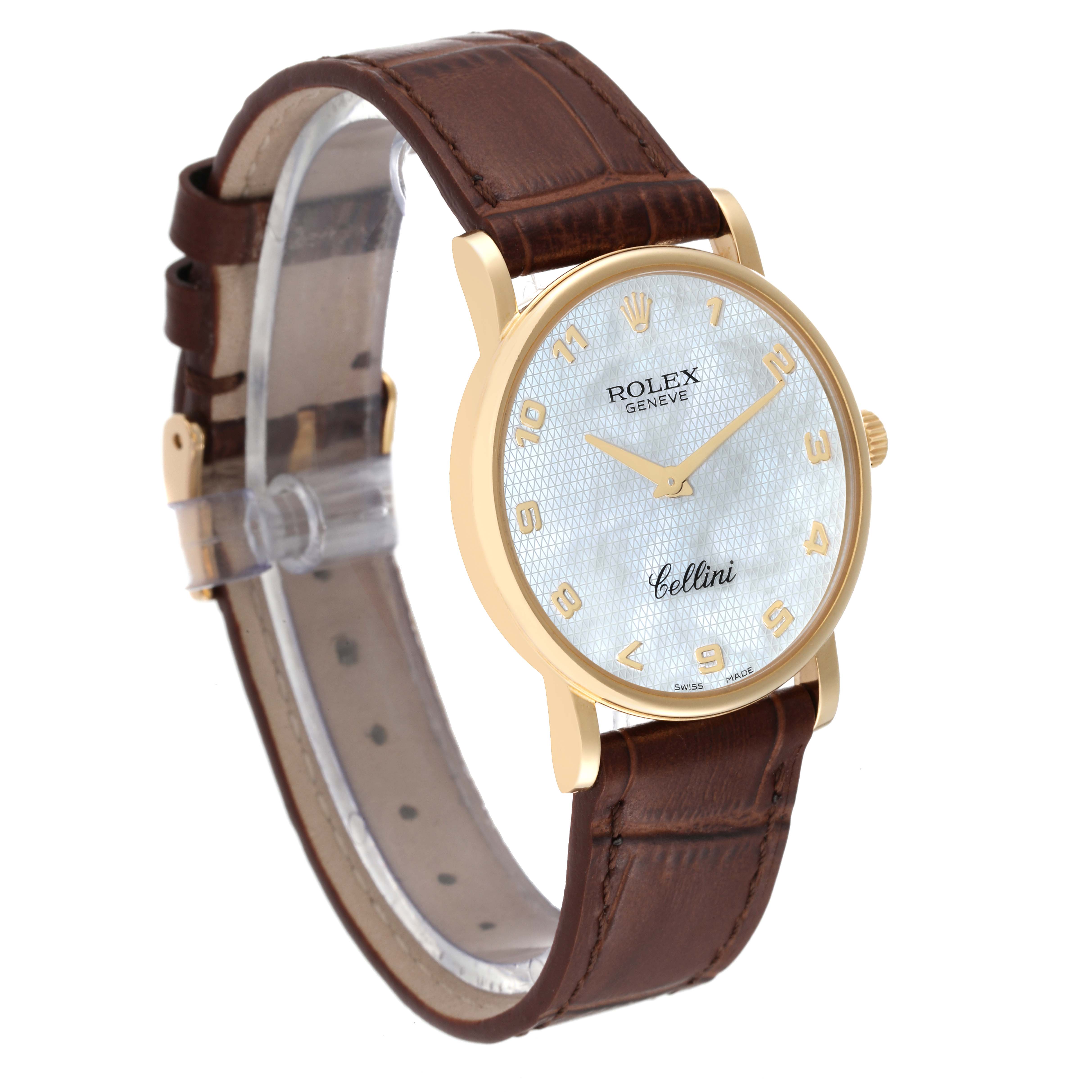 The image shows a Rolex Cellini 5115 Men's Yellow Gold Mother of Pearl Dial 5115 Men's Yellow Gold Mother of Pearl Dial watch at a slight angle, featuring its gold case, face, and brown leather strap.