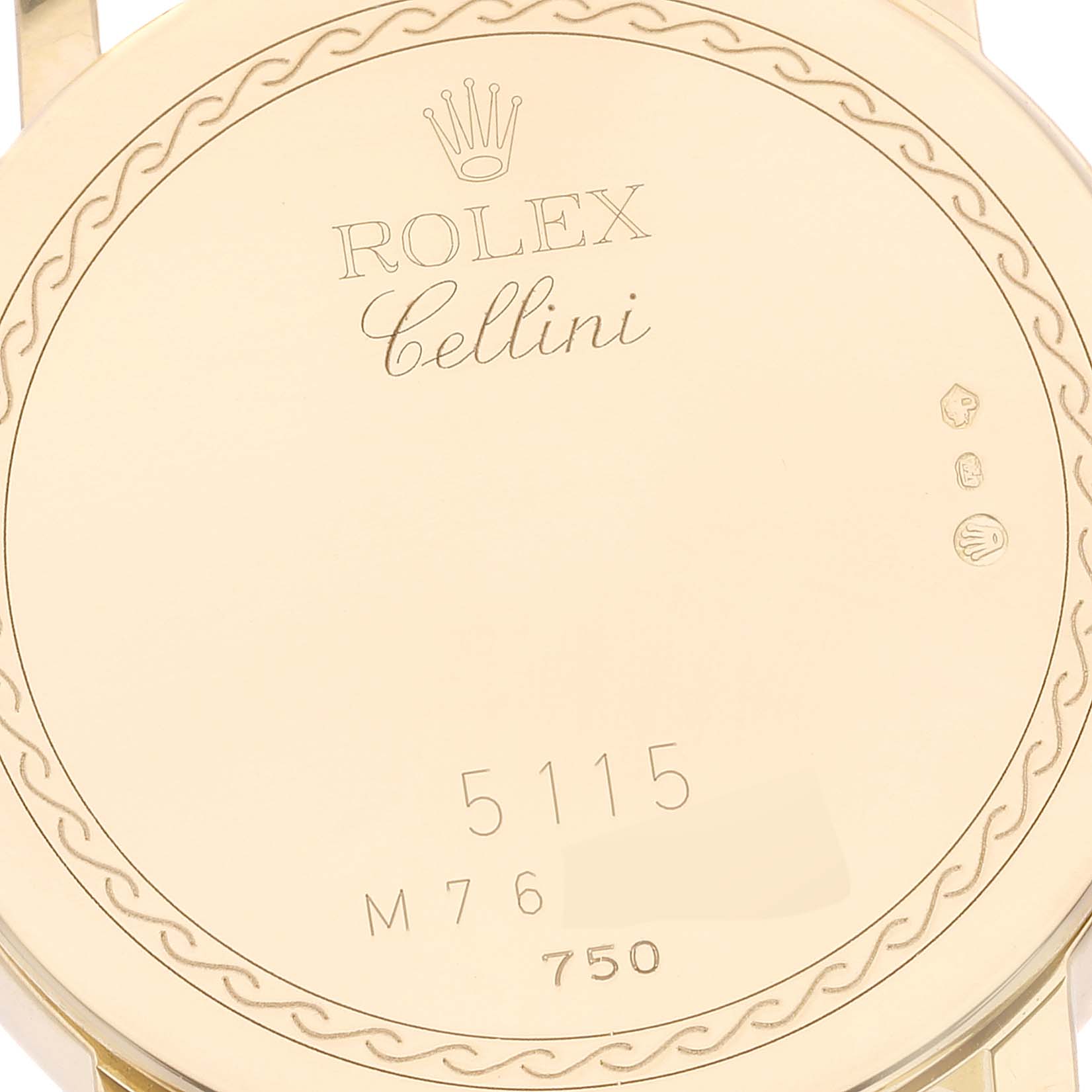 The image shows the back case of a Rolex Cellini 5115 Men's Yellow Gold Mother of Pearl Dial 5115 Men's Yellow Gold Mother of Pearl Dial watch.
