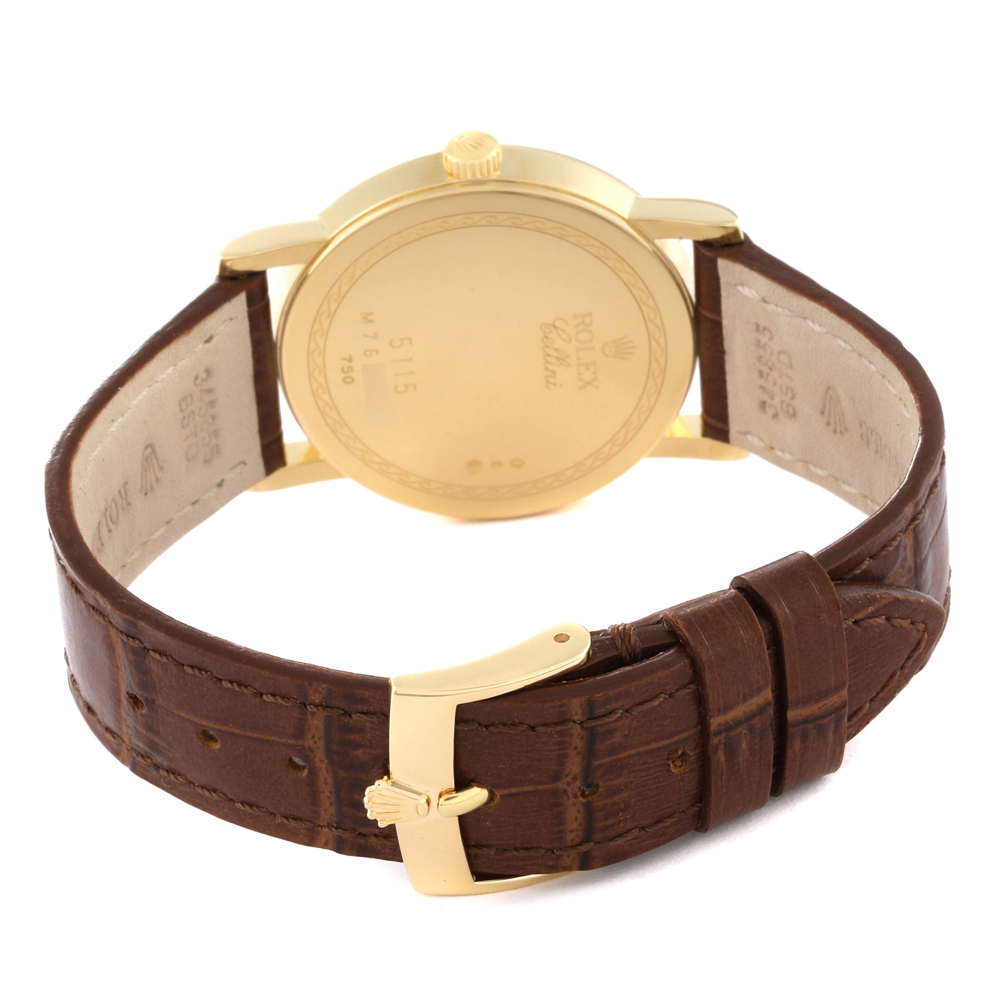 The image shows the back view of the Rolex Cellini 5115 Men's Yellow Gold Mother of Pearl Dial 5115 Men's Yellow Gold Mother of Pearl Dial watch, highlighting its gold case and brown leather strap with a gold buckle.