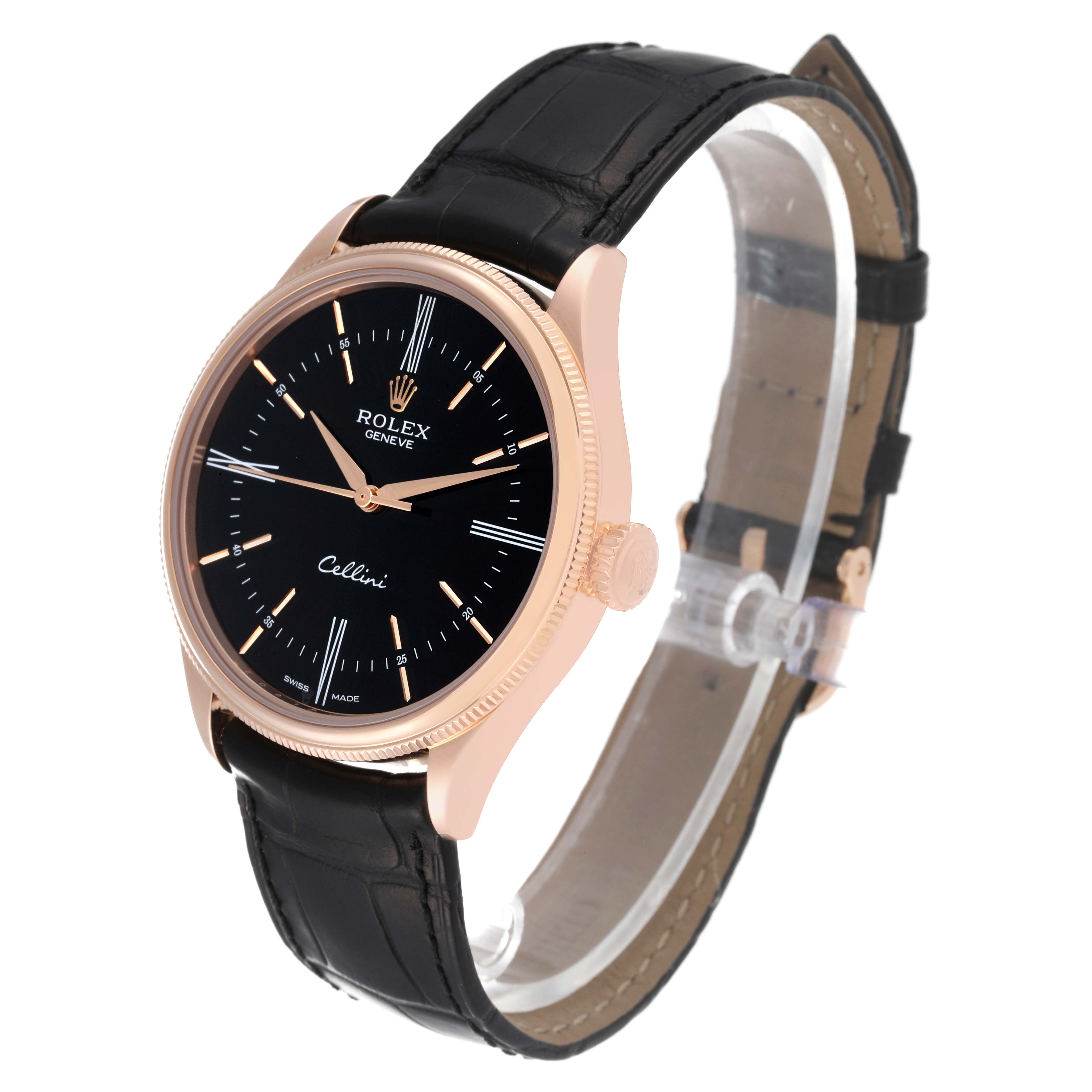 This image showcases a Rolex Cellini 50505 Men's Rose Gold Black Dial 50505 Men's Rose Gold Black Dial watch at an angled side view, highlighting its black dial and leather strap.