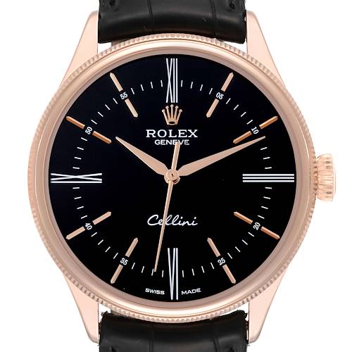 Photo of Rolex Cellini Time Rose Gold Black Dial Mens Watch 50505 Box Card