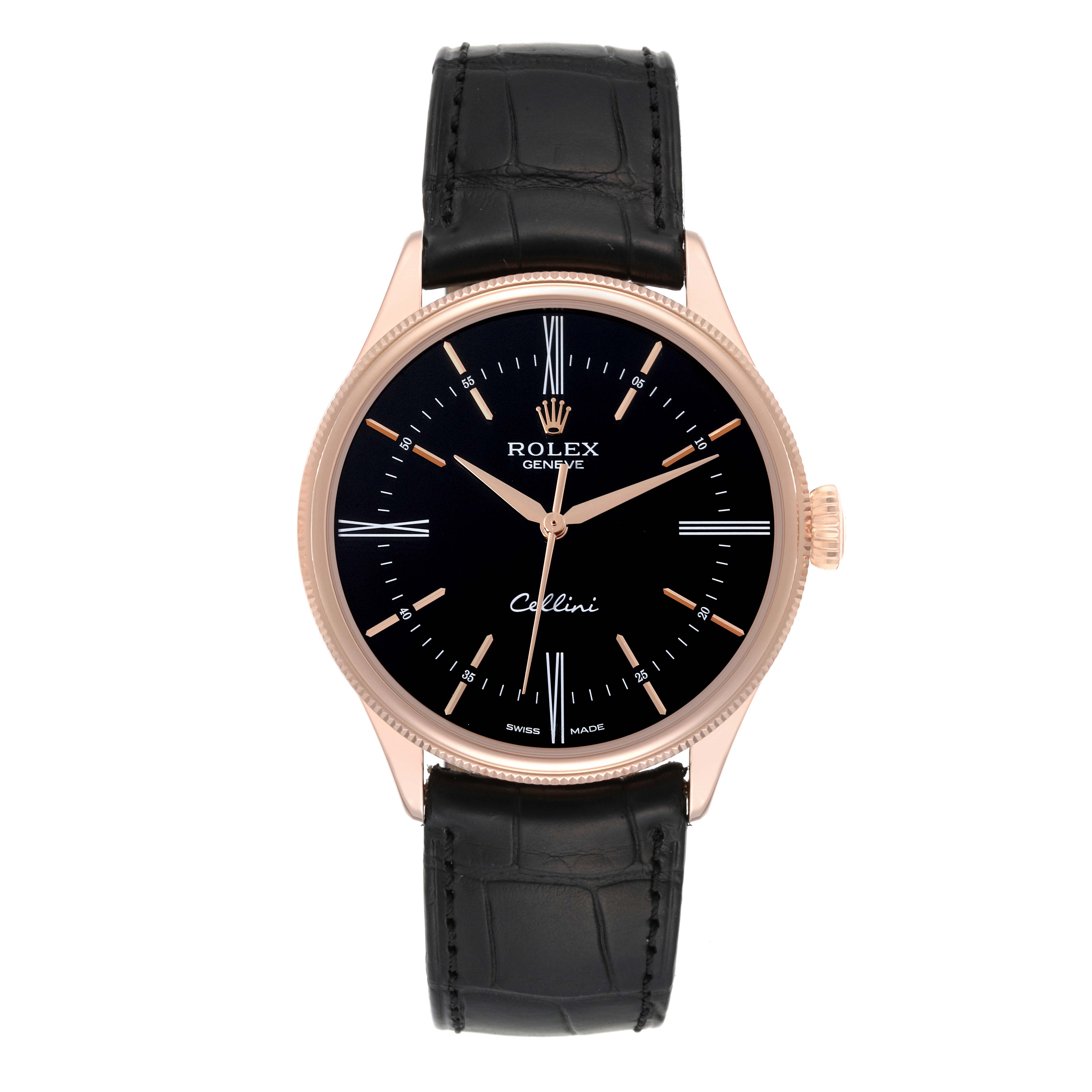 This image shows a front view of the Rolex Cellini 50505 Men's Rose Gold Black Dial 50505 Men's Rose Gold Black Dial watch, displaying its black dial, rose gold case, and black leather strap.