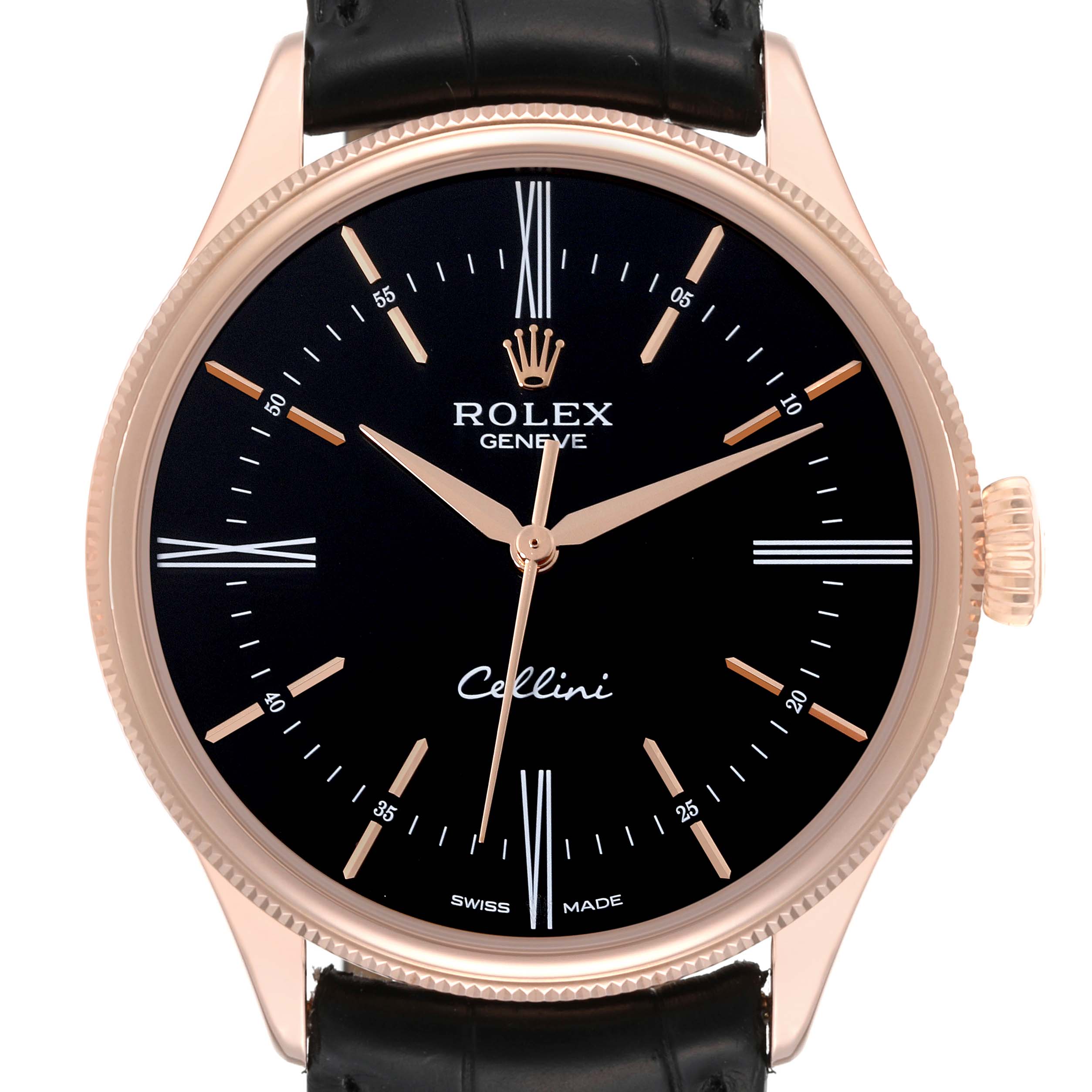 This image shows a front view of a Rolex Cellini 50505 Men's Rose Gold Black Dial 50505 Men's Rose Gold Black Dial watch with a black dial and leather strap.