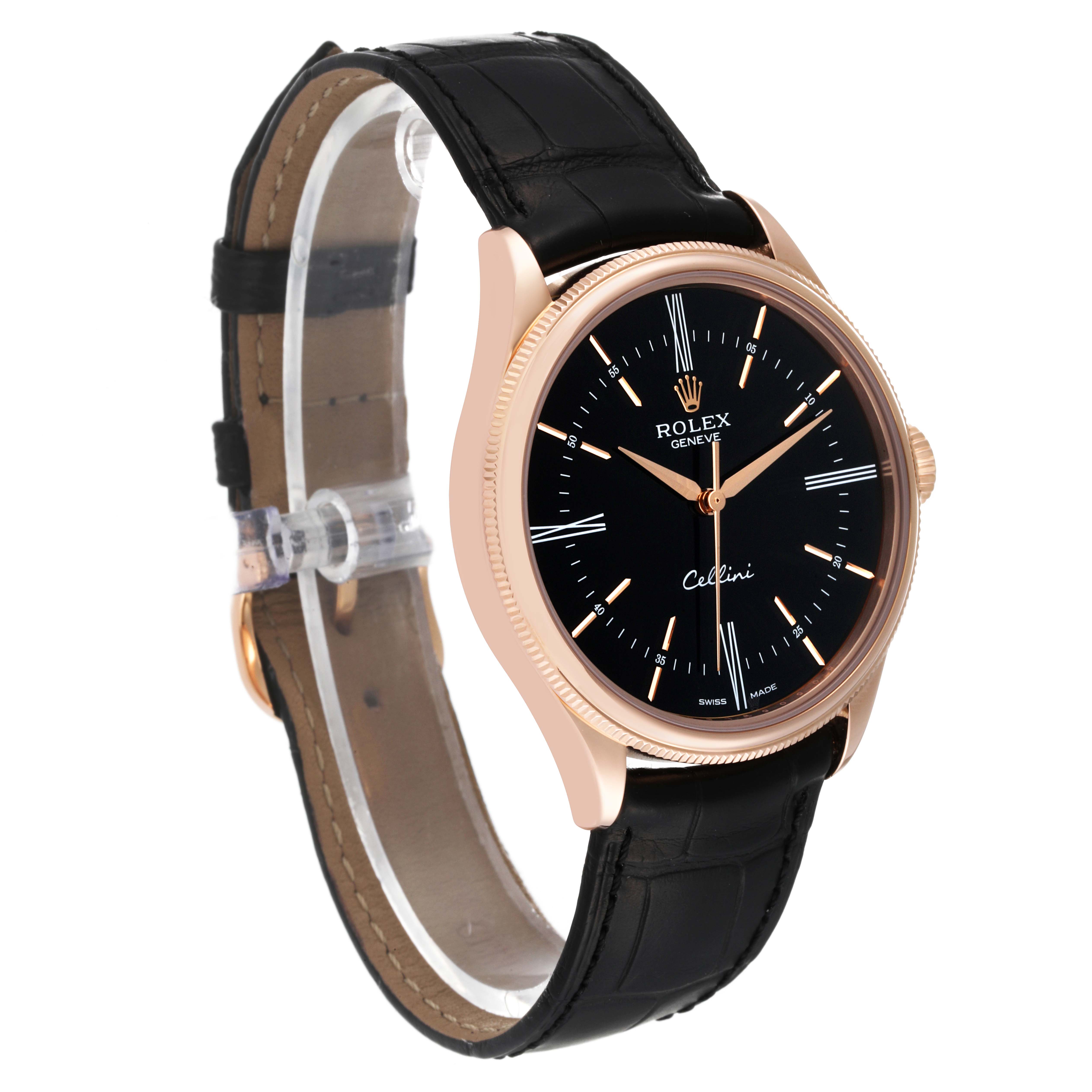 This image shows a Rolex Cellini 50505 Men's Rose Gold Black Dial 50505 Men's Rose Gold Black Dial watch at a slight angle, displaying its black dial, rose gold case, and black leather strap.