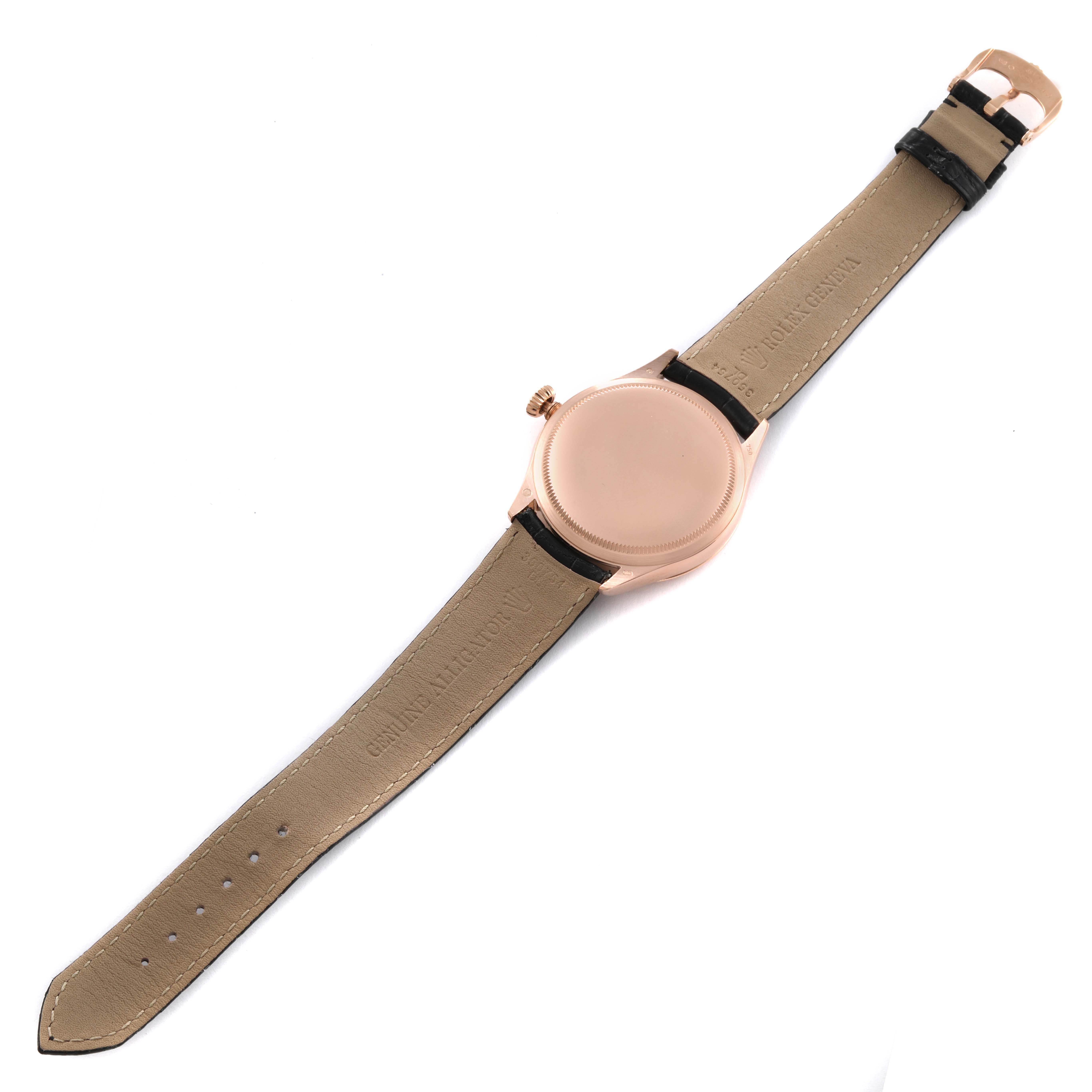 The image shows the back view of a Rolex Cellini 50505 Men's Rose Gold Black Dial 50505 Men's Rose Gold Black Dial watch, including the straps and the caseback.