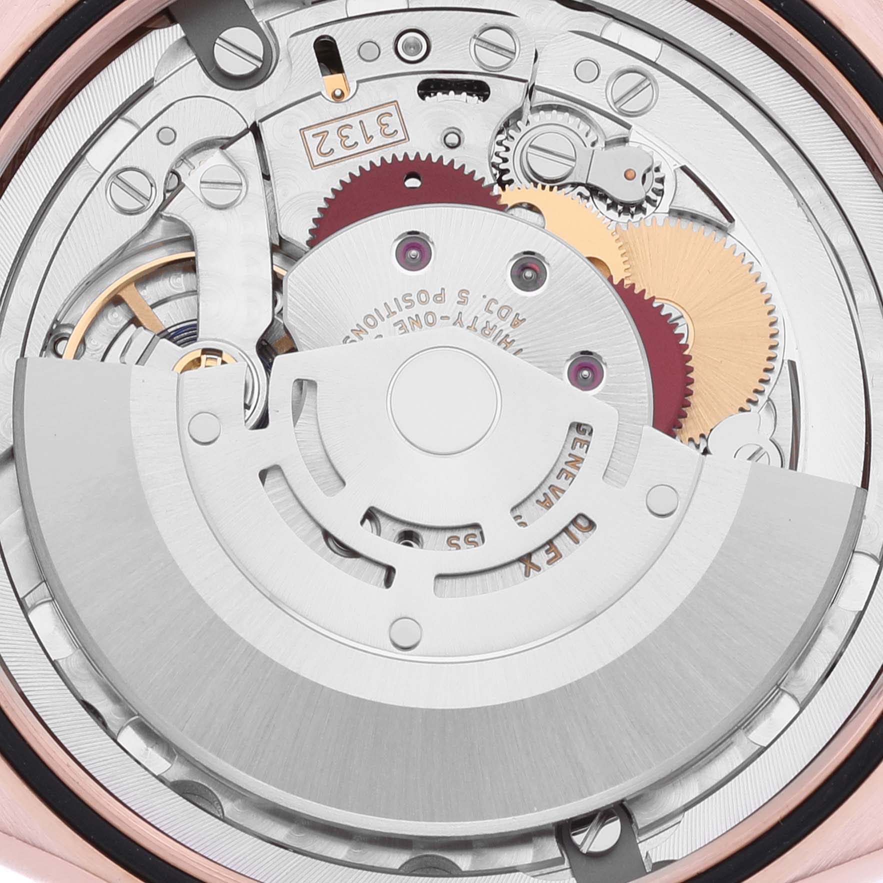 This image shows a close-up view of the mechanical movement of a Rolex Cellini 50505 Men's Rose Gold Black Dial 50505 Men's Rose Gold Black Dial watch, highlighting its gears and intricate components.