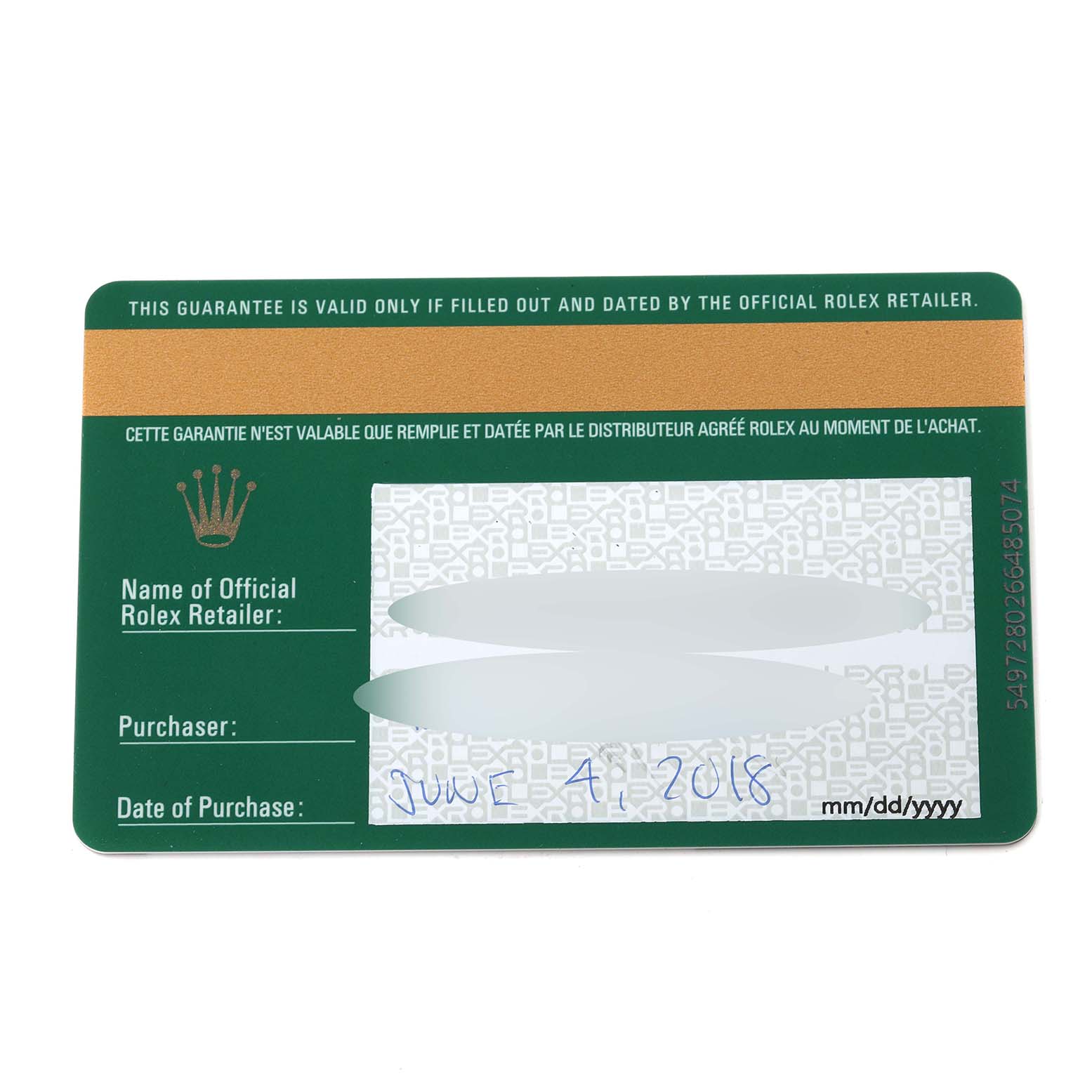 The image shows the guarantee card for the Rolex Cellini 50505 Men's Rose Gold Black Dial 50505 Men's Rose Gold Black Dial watch, highlighting purchase details and the authorized retailer section.