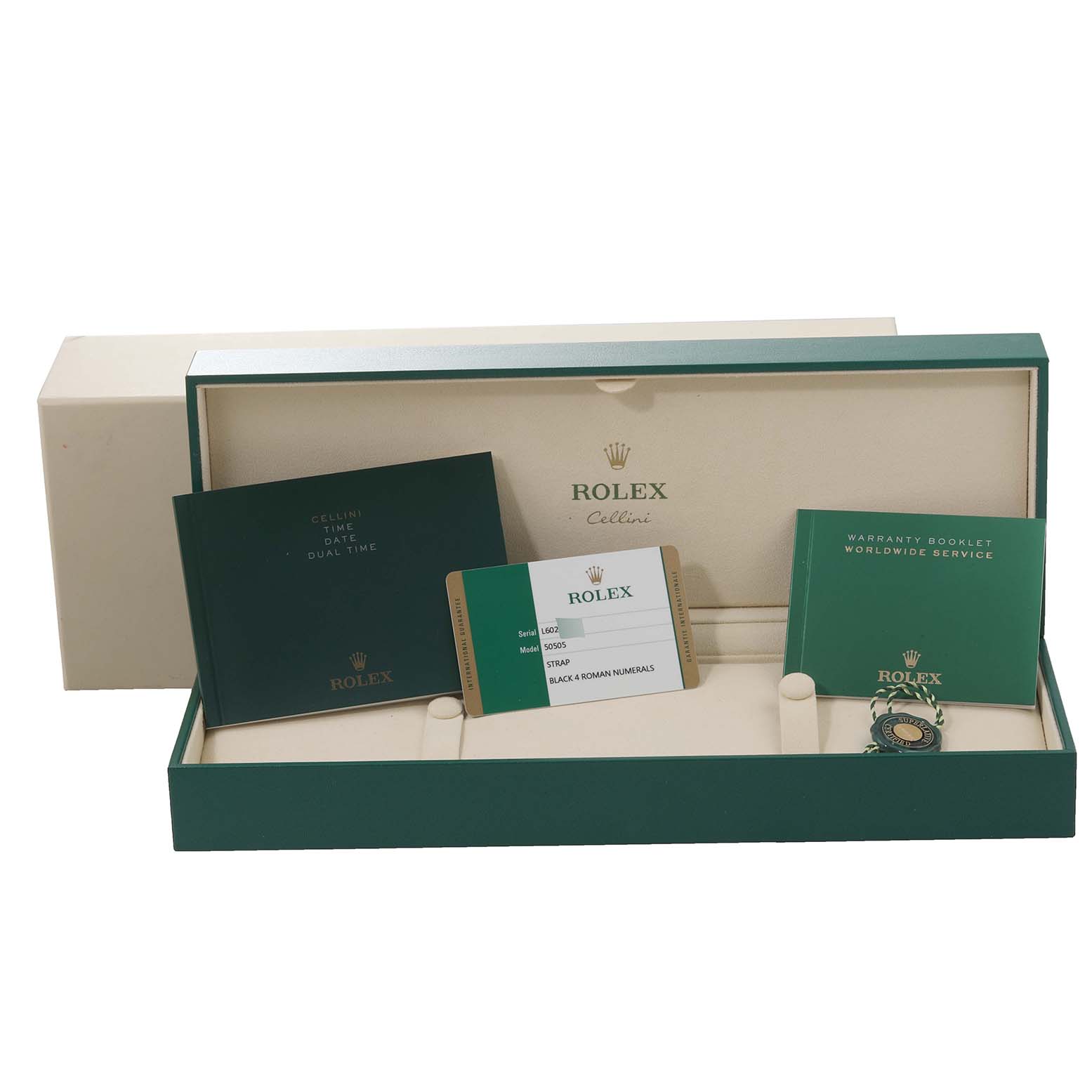 The image shows the packaging for a Rolex Cellini 50505 Men's Rose Gold Black Dial 50505 Men's Rose Gold Black Dial model watch, including booklets, a warranty card, and a green tag in the watch box.