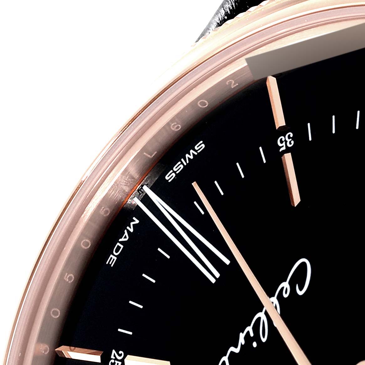 The image shows a close-up of the dial, edge of the case, and minute markers on a Rolex Cellini 50505 Men's Rose Gold Black Dial 50505 Men's Rose Gold Black Dial watch.