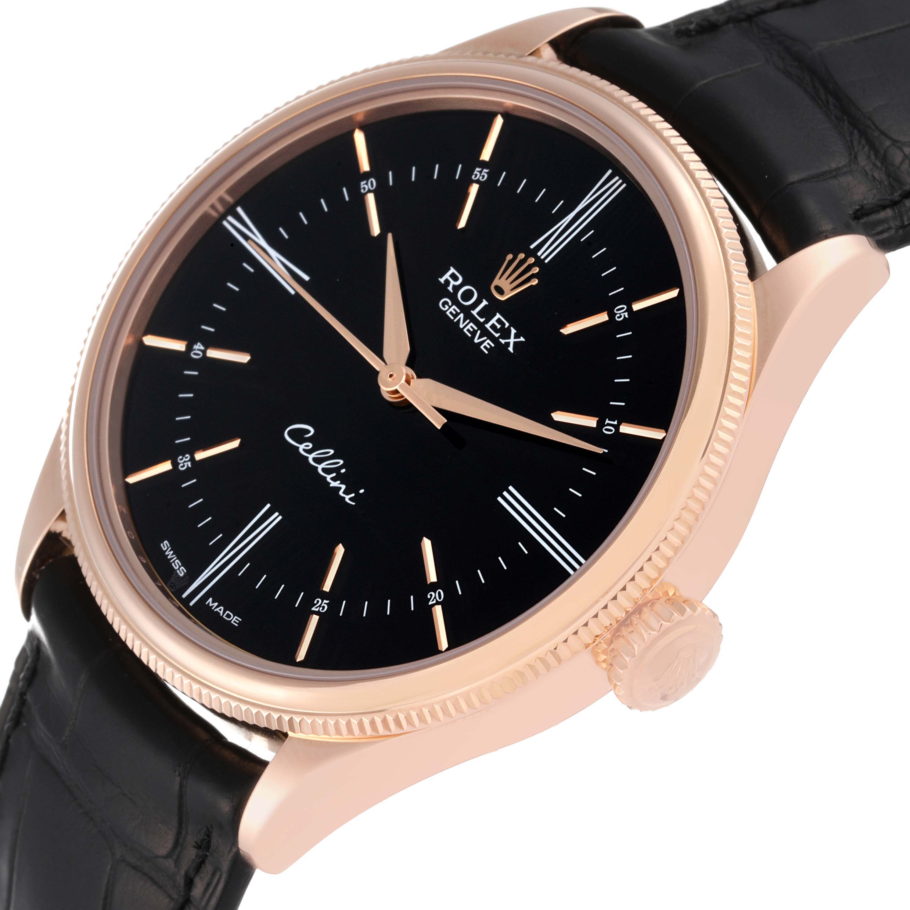 The Rolex Cellini 50505 Men's Rose Gold Black Dial 50505 Men's Rose Gold Black Dial watch is shown at a slight angle, displaying its black dial, rose gold case, crown, and black leather strap.