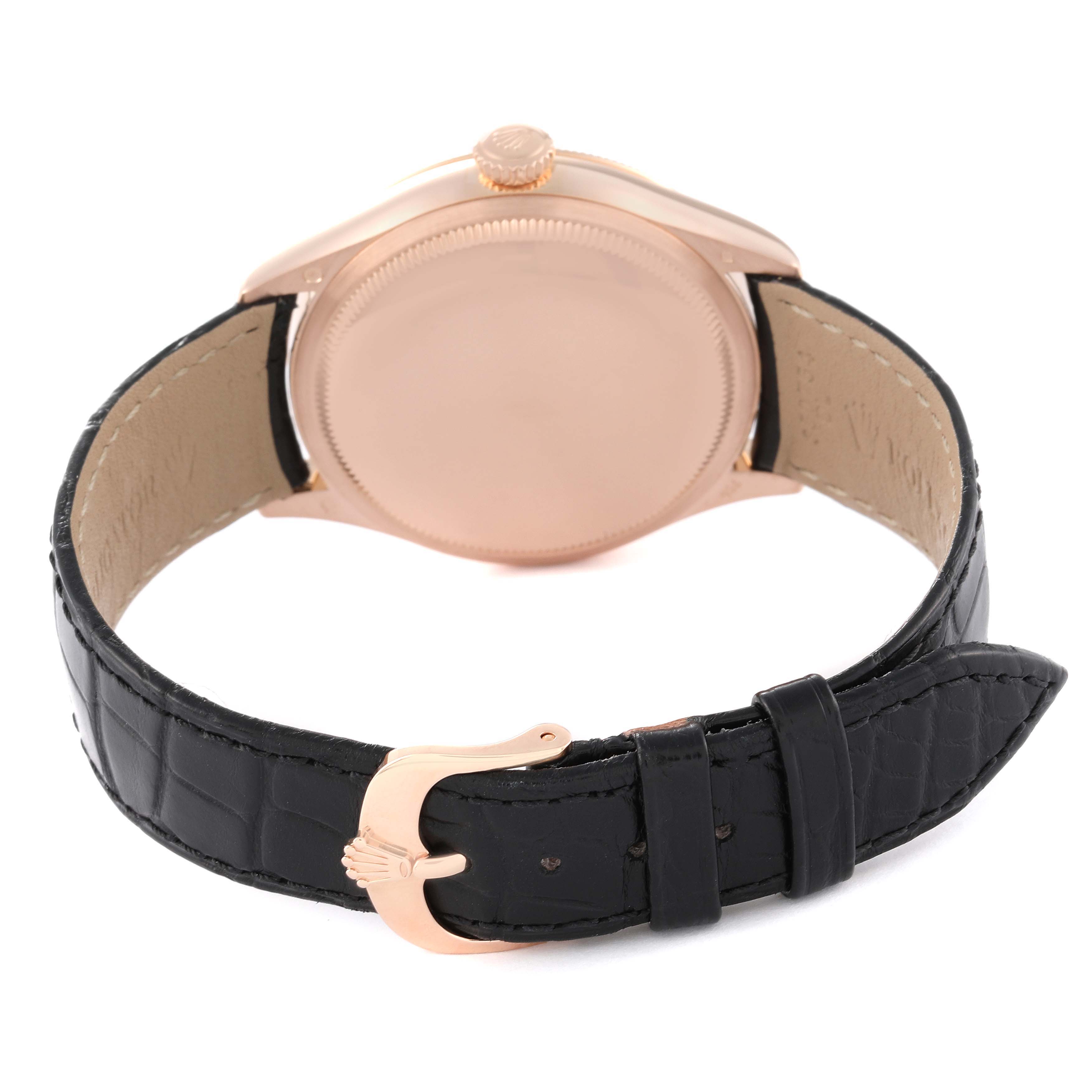 The image shows the back view of a Rolex Cellini 50505 Men's Rose Gold Black Dial 50505 Men's Rose Gold Black Dial watch, displaying the case back, crown, and black leather strap with a buckle.