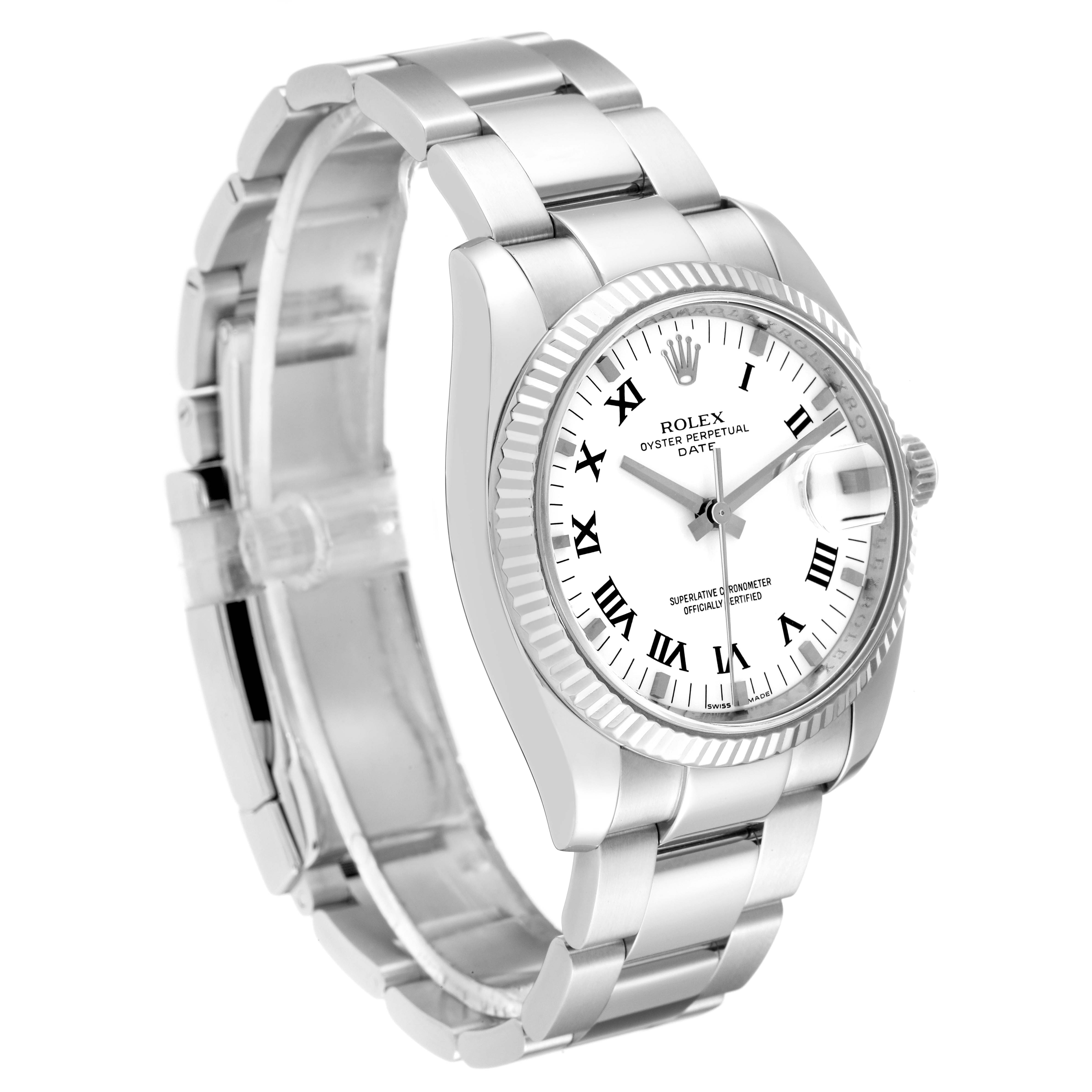 The image shows a Rolex Date 115234 Men's Stainless Steel White Dial 115234 Men's Stainless Steel White Dial model watch at a three-quarter angle, highlighting the dial, bezel, case, and bracelet.