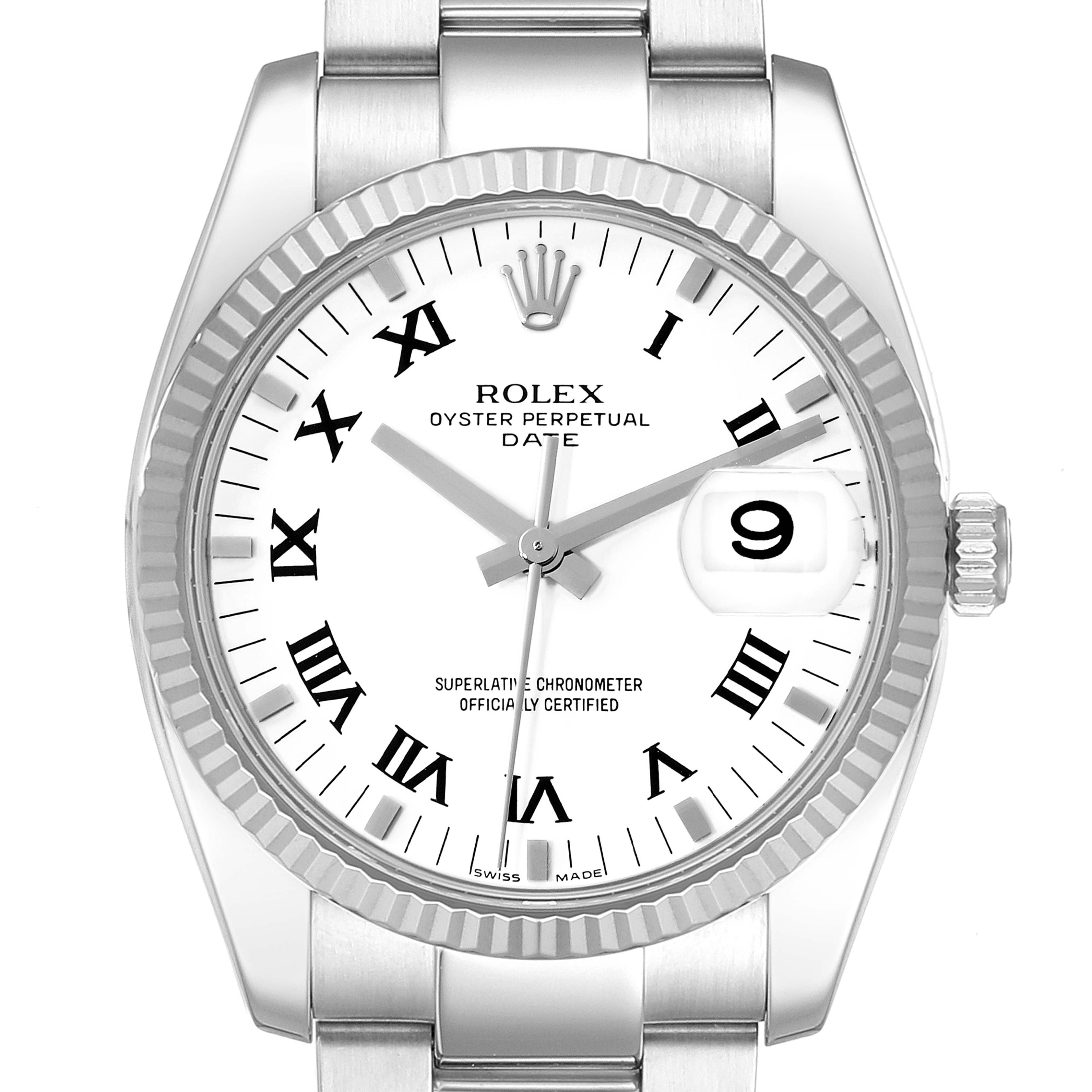 This image shows a front view of a Rolex Oyster Perpetual Date watch, highlighting its dial, hands, date window, and bezel.