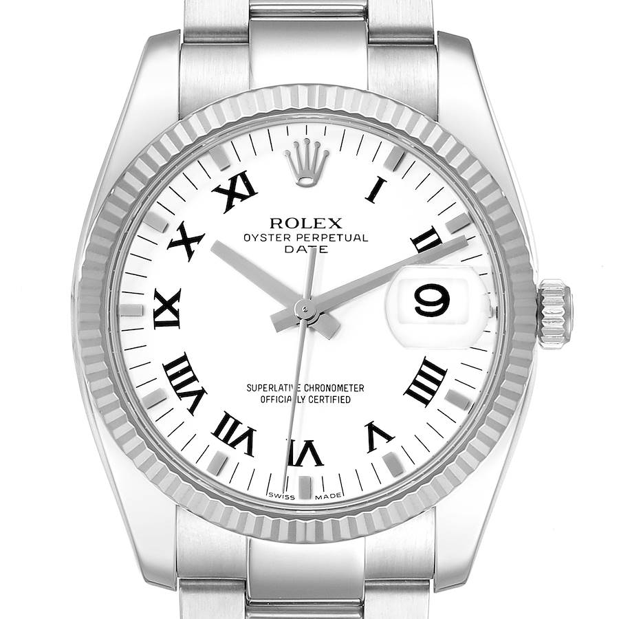 Rolex Date 34 Steel White Gold Roman Dial Mens Watch 115234 SwissWatchExpo