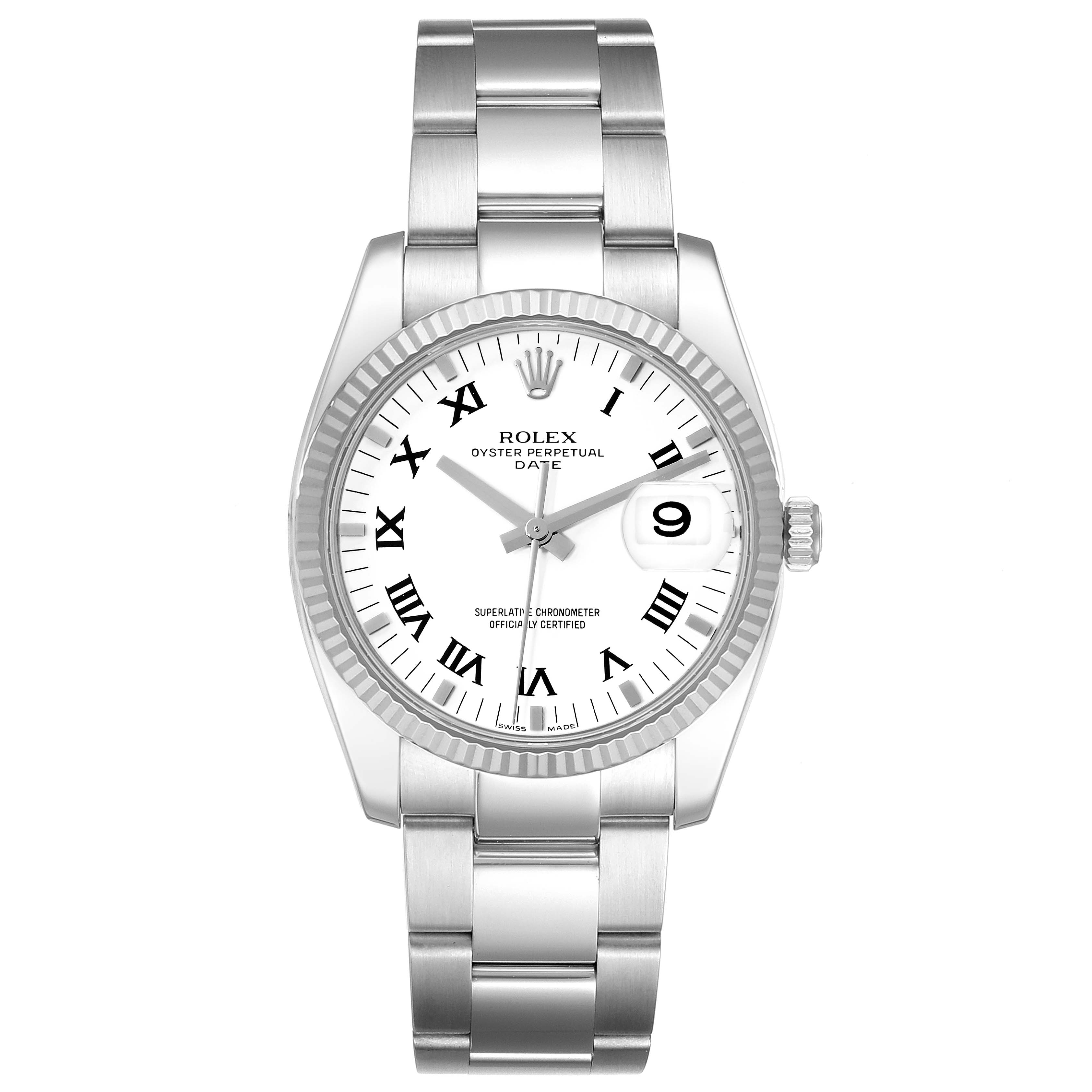 This image shows a front view of a Rolex Date 115234 Men's Stainless Steel White Dial 115234 Men's Stainless Steel White Dial model watch, featuring its dial, bracelet, and bezel.