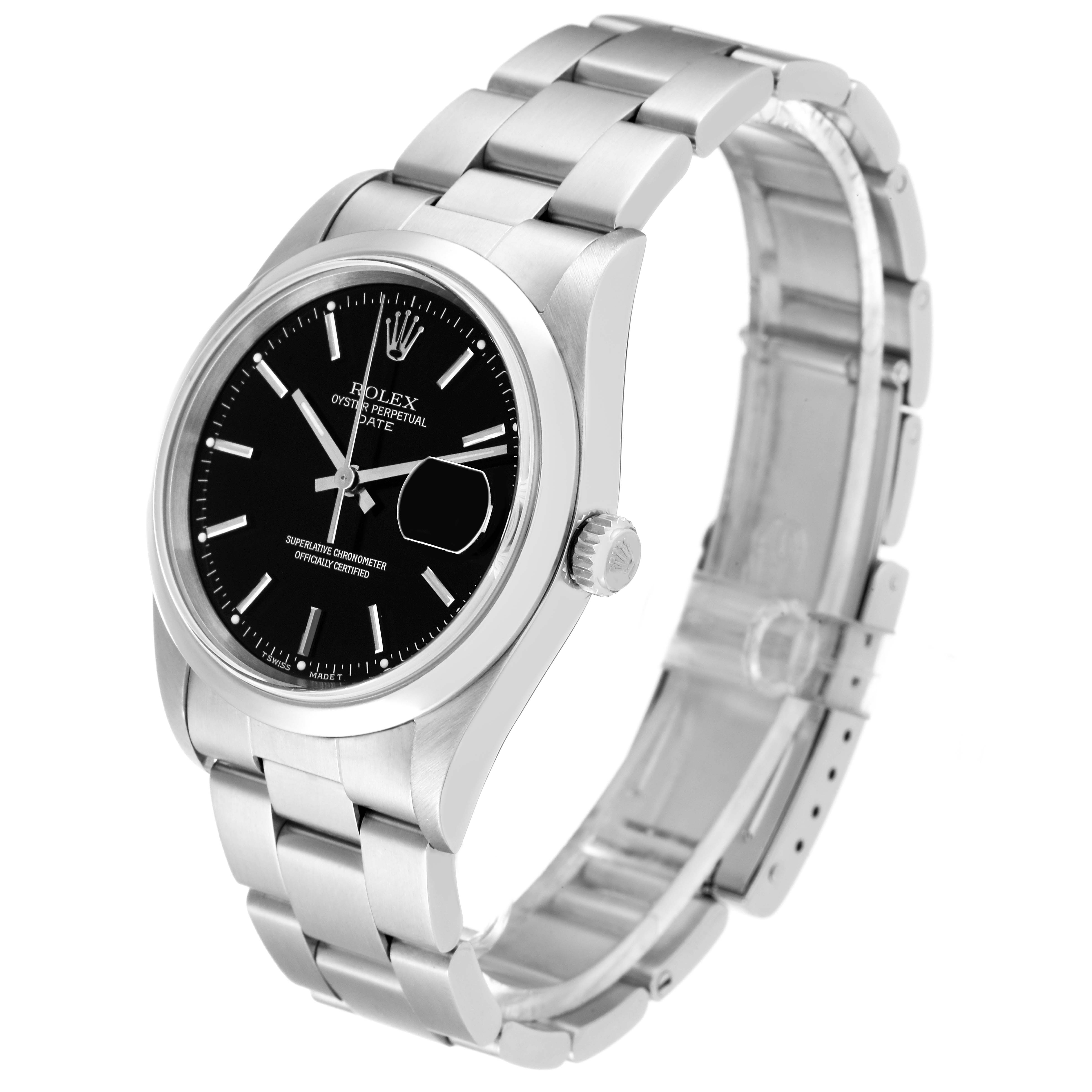 The Rolex Date 15200 Men's Stainless Steel Black Dial 15200 Men's Stainless Steel Black Dial model watch is shown from a 3/4 angle, displaying the dial, bracelet, and side crown.