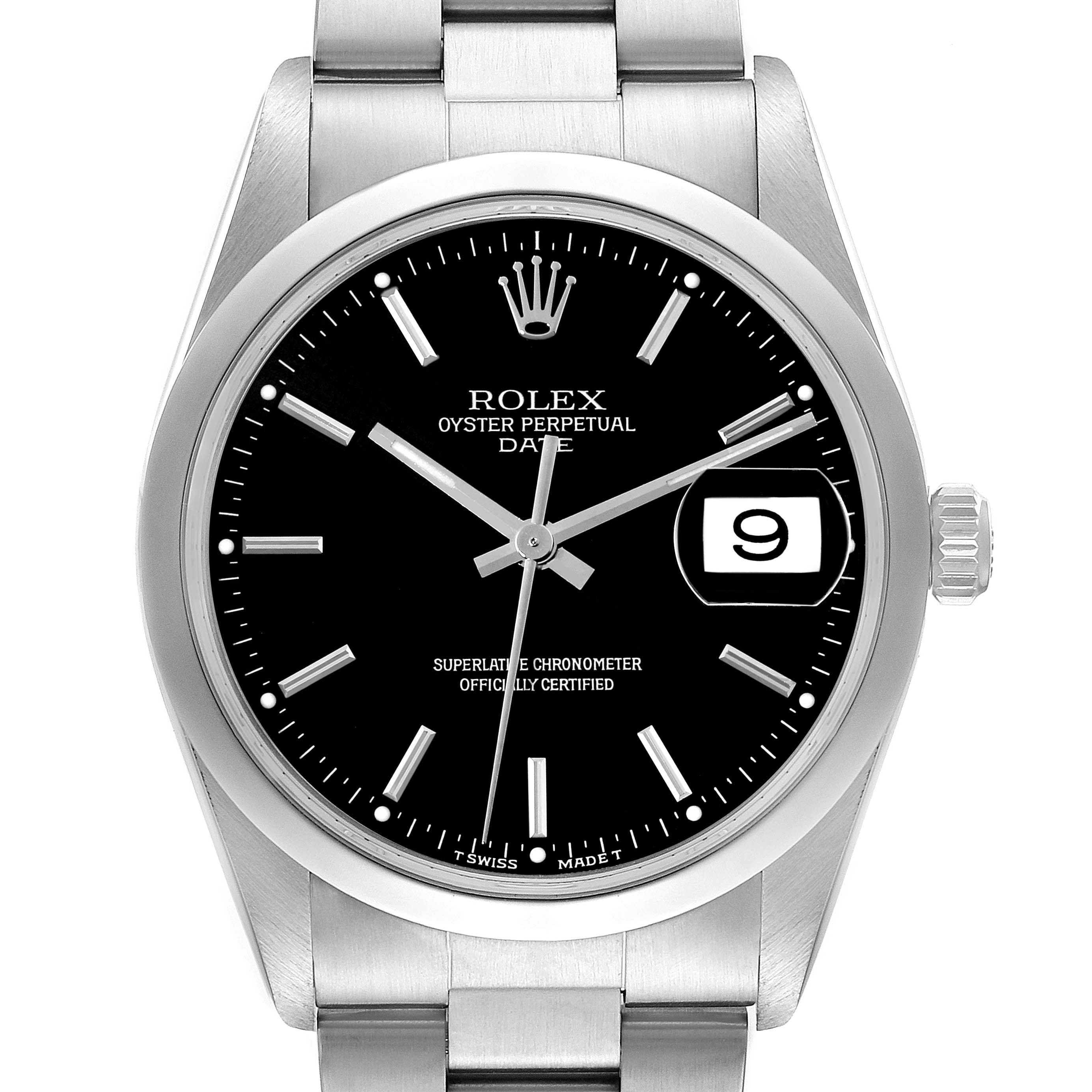 The image shows a front view of a Rolex Oyster Perpetual Date model, highlighting the dial, hands, date window, and part of the bracelet.