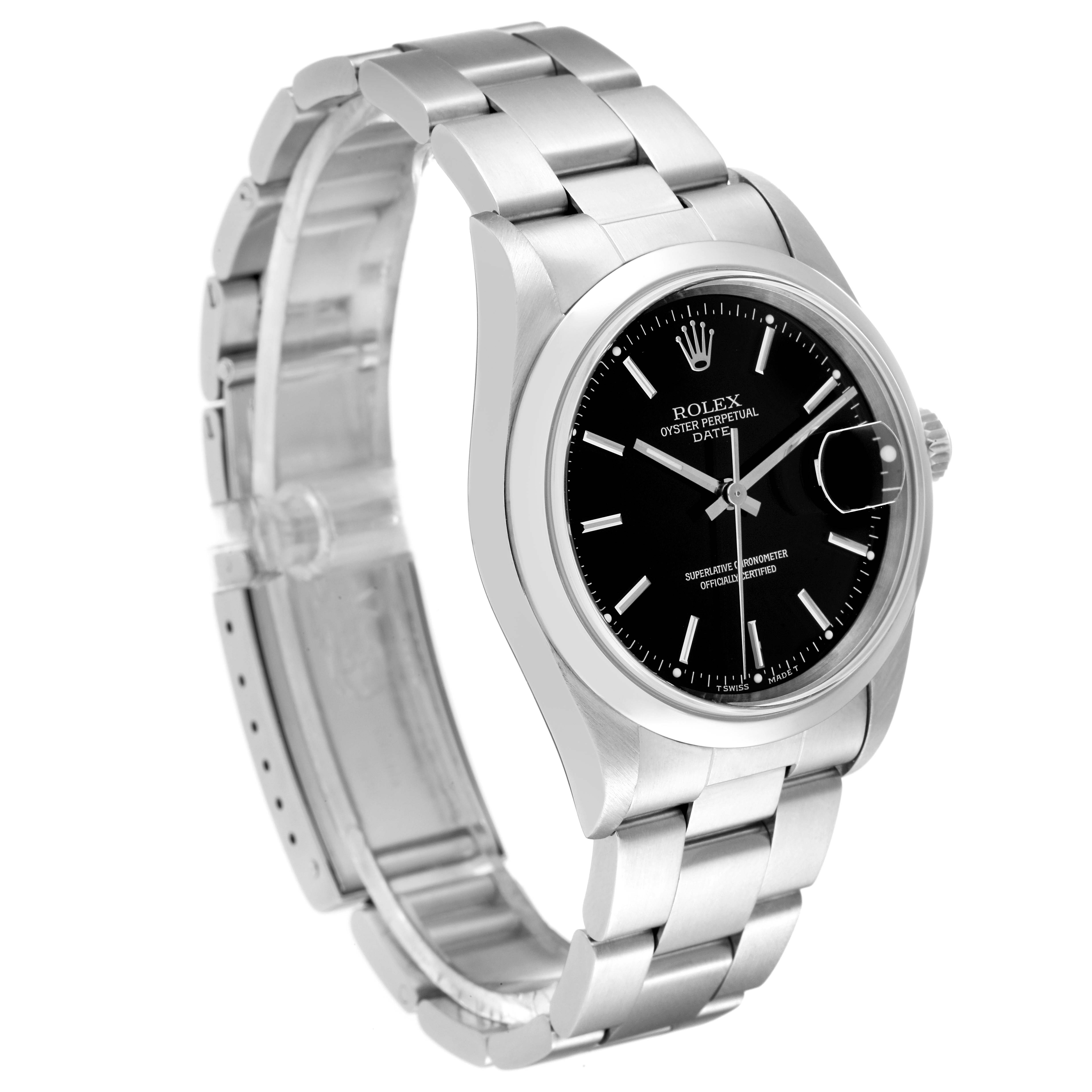 The image shows a front-side view of a Rolex Date 15200 Men's Stainless Steel Black Dial 15200 Men's Stainless Steel Black Dial model watch, highlighting the face, bezel, case, and bracelet.