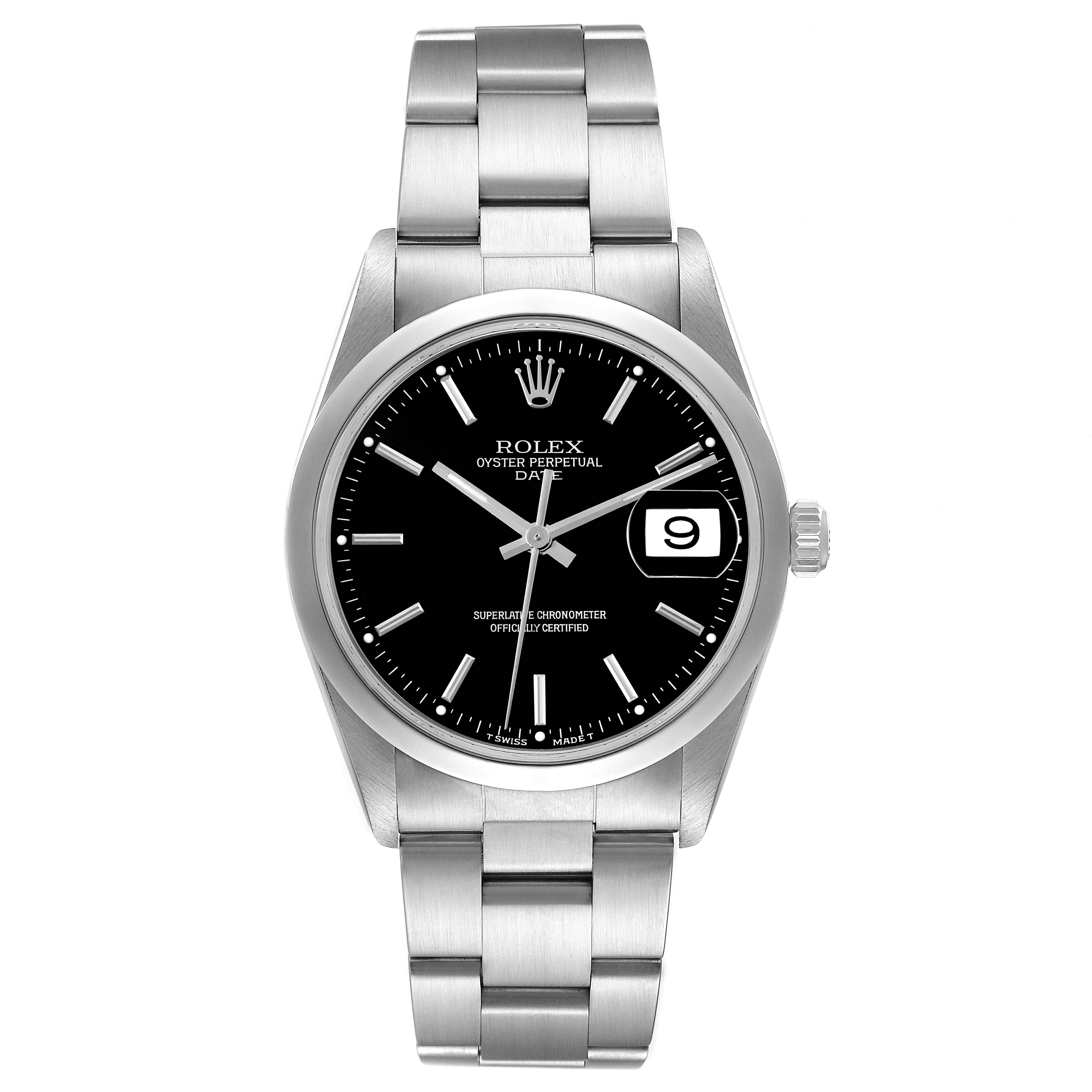 This image shows a front view of a Rolex Oyster Perpetual Date watch, detailing the dial, bezel, and bracelet.