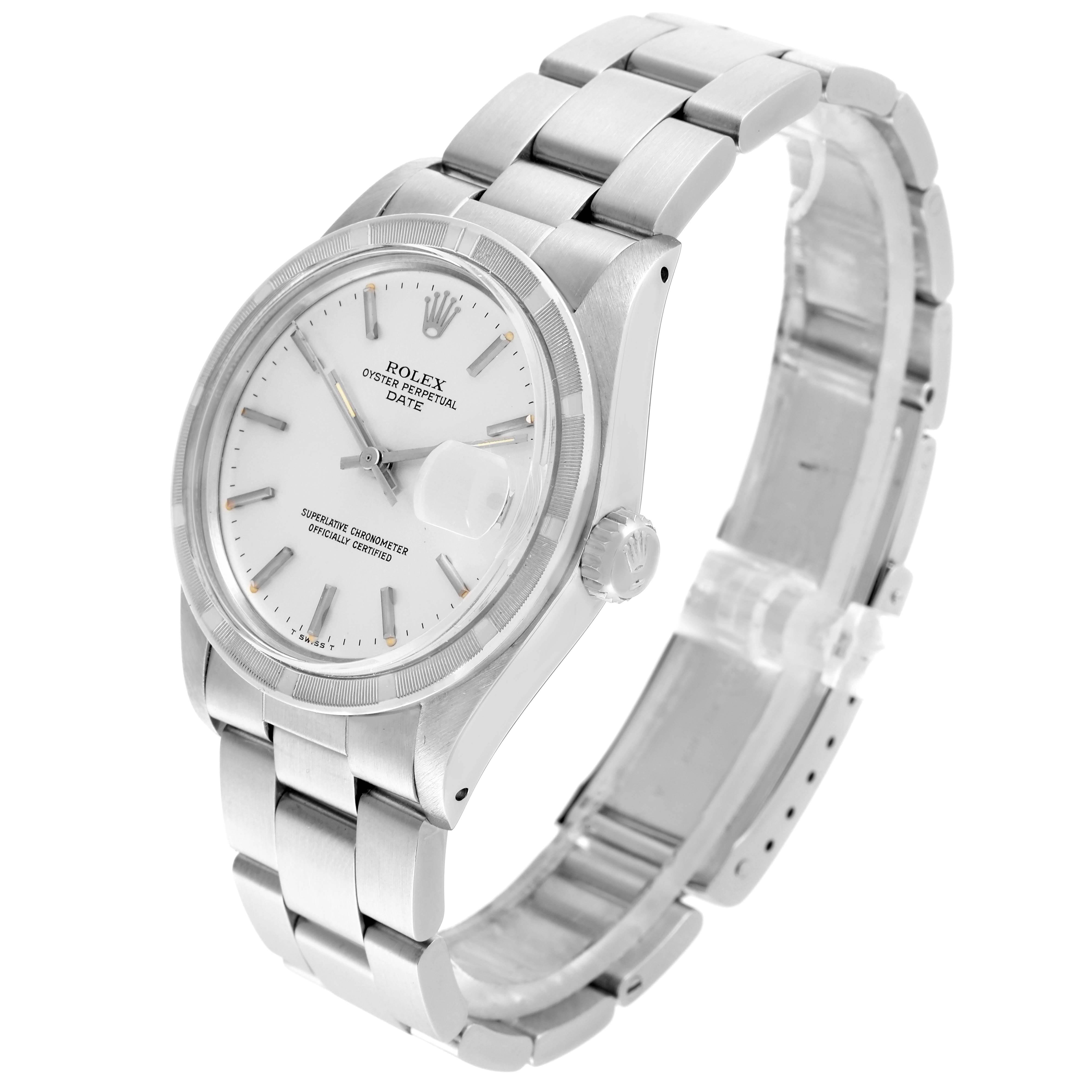 The Rolex Date watch is shown at a three-quarter angle displaying the face, bezel, crown, and bracelet.