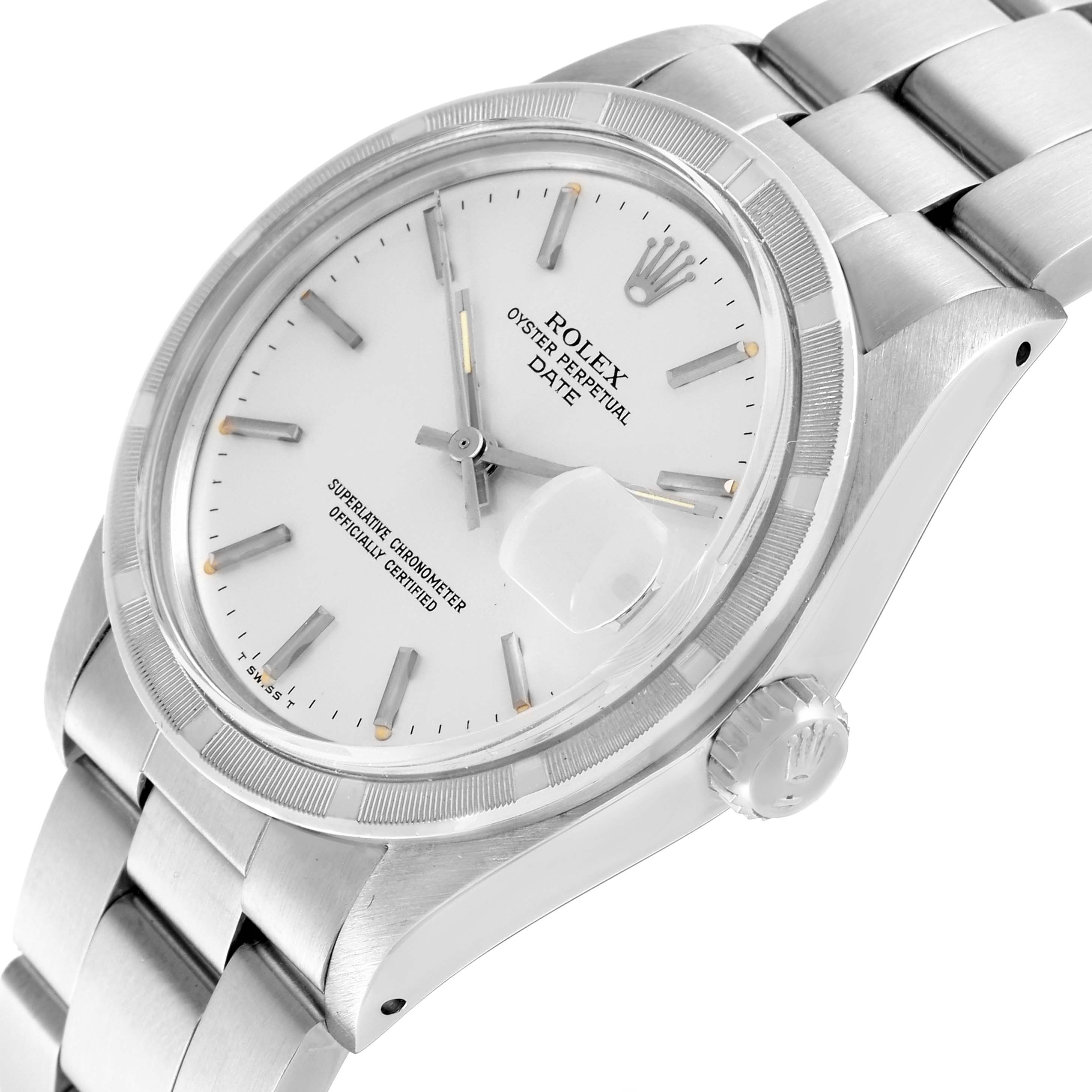 The image shows a Rolex Date watch at a slightly tilted angle highlighting the dial, bezel, crown, and part of the bracelet.