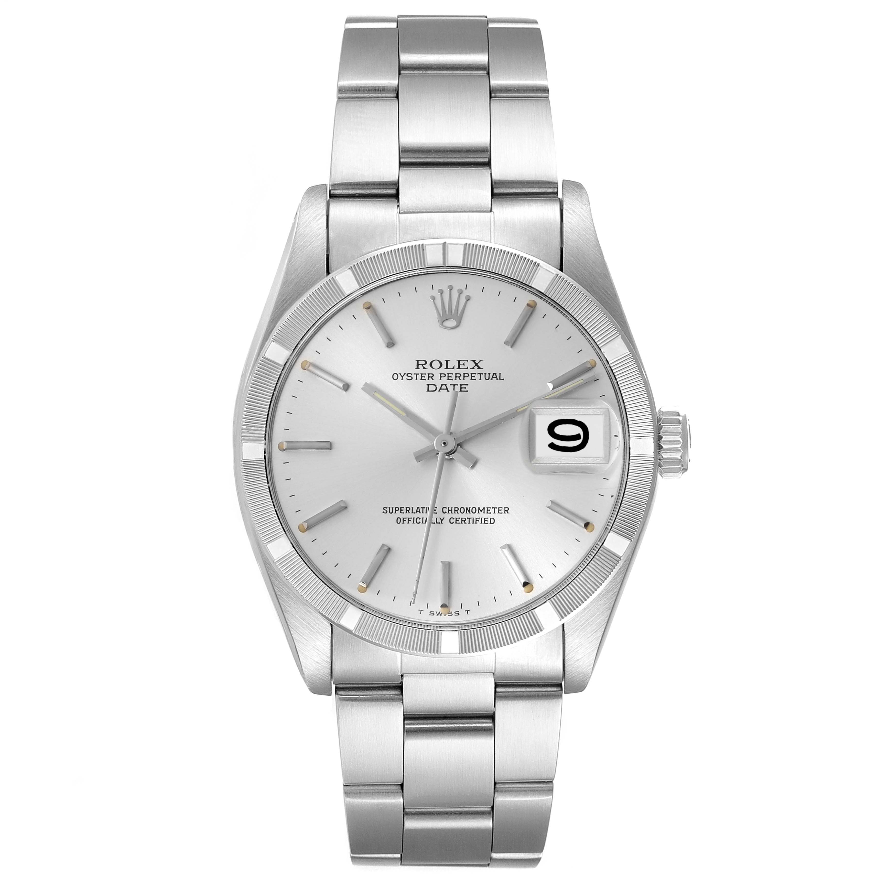 The Rolex Date watch is shown from the front, displaying the dial, bezel, bracelet, and crown.