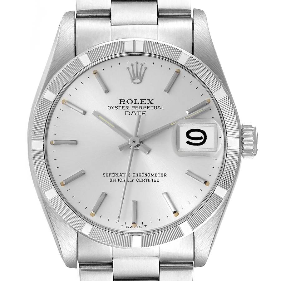 The Rolex Date watch is shown from the front, highlighting its face, bezel, crown, and part of the bracelet.