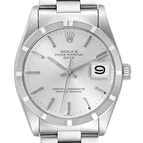 The Rolex Date model watch is shown face-on, highlighting the dial, bezel, crown, and bracelet front.