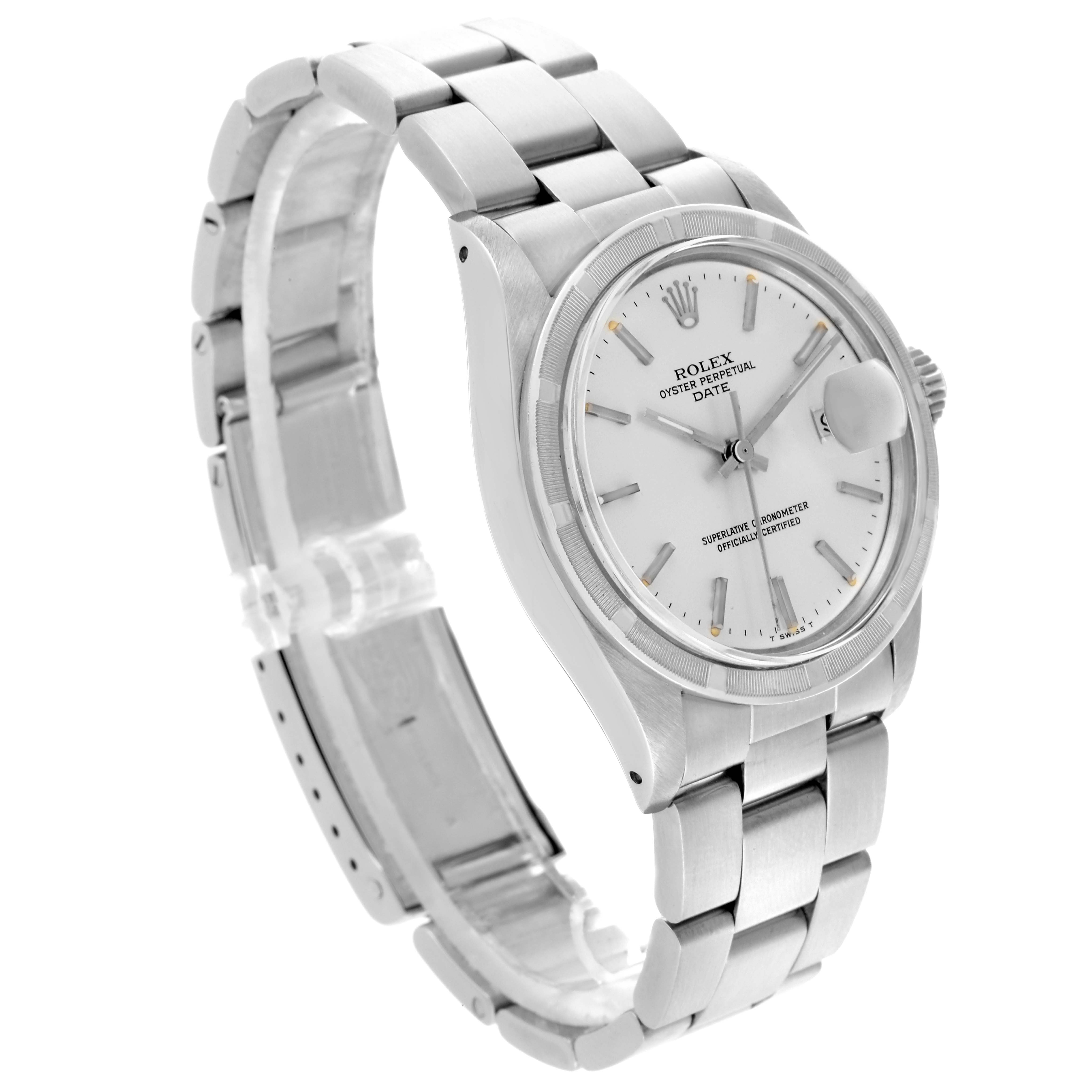 The Rolex Date watch is shown at a three-quarter angle, displaying the dial, bezel, bracelet, and crown.