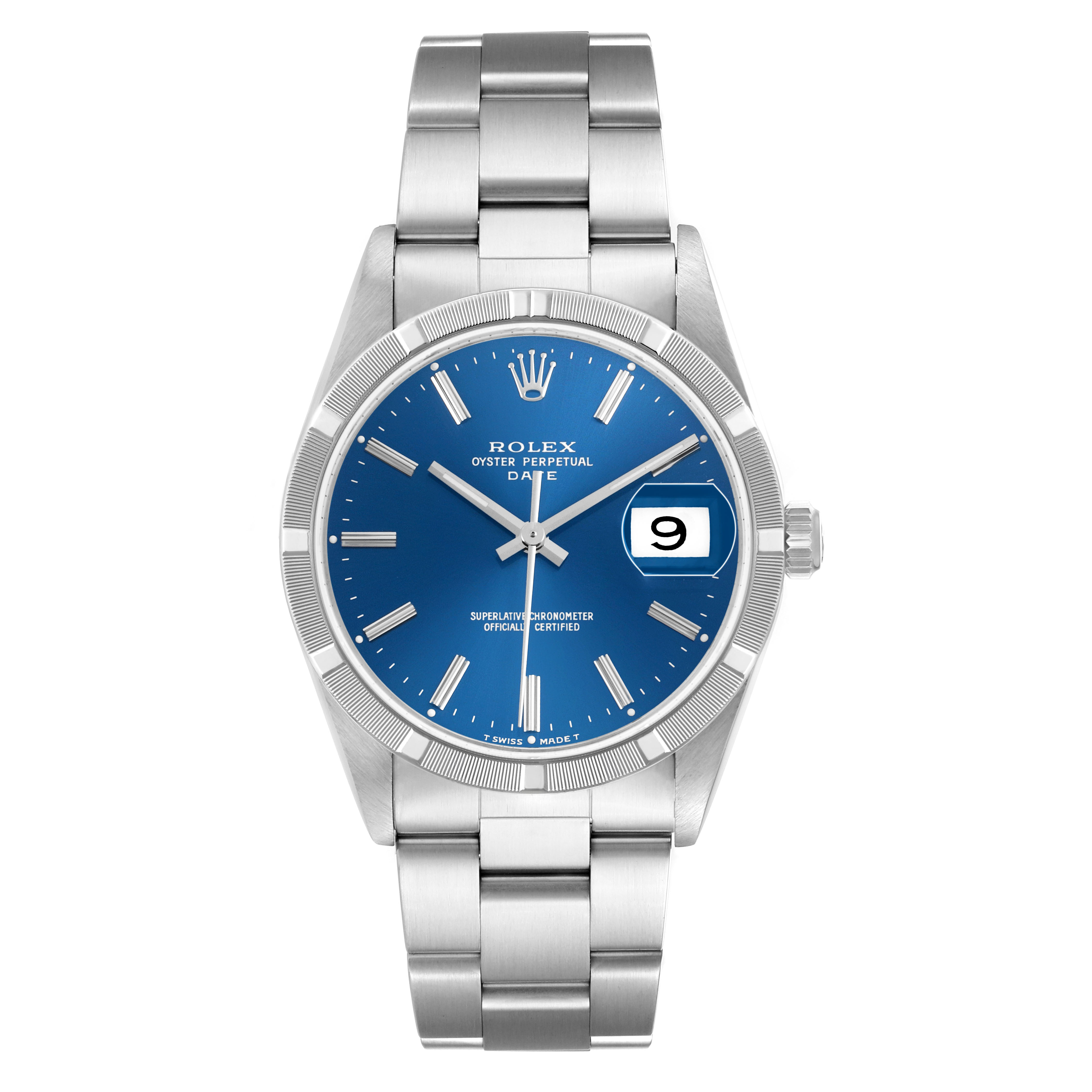 The Rolex Date 15210 Men's Stainless Steel Blue Dial model is shown from the front, highlighting the blue dial, date display, and stainless steel bracelet.