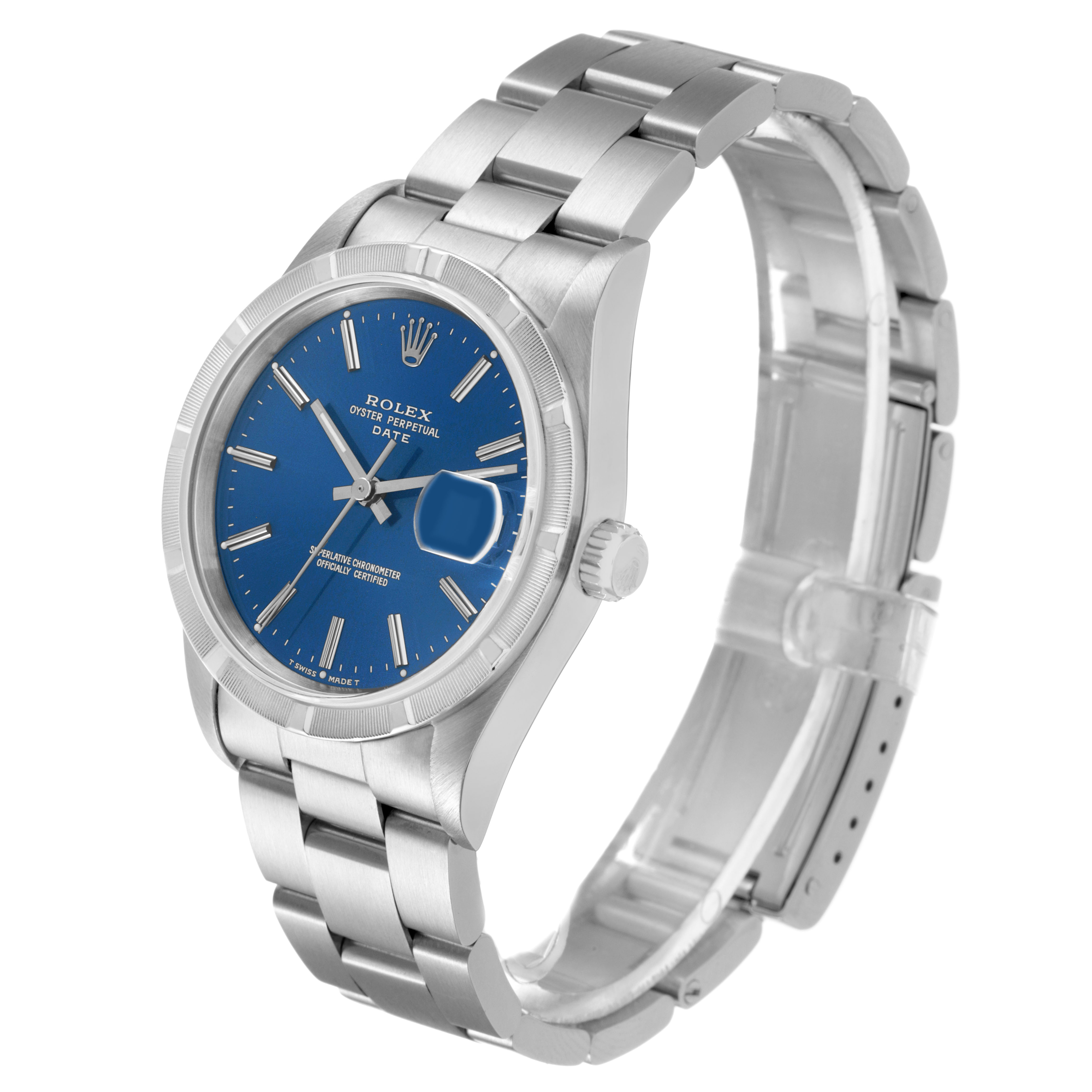 The Rolex Date 15210 Men's Stainless Steel Blue Dial watch is shown at a three-quarter angle highlighting the blue dial, bezel, and bracelet.