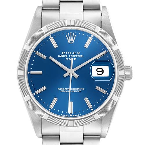 The Rolex Date 15210 Men's Stainless Steel Blue Dial model is shown from the front, displaying the dial, bezel, crown, and part of the bracelet.