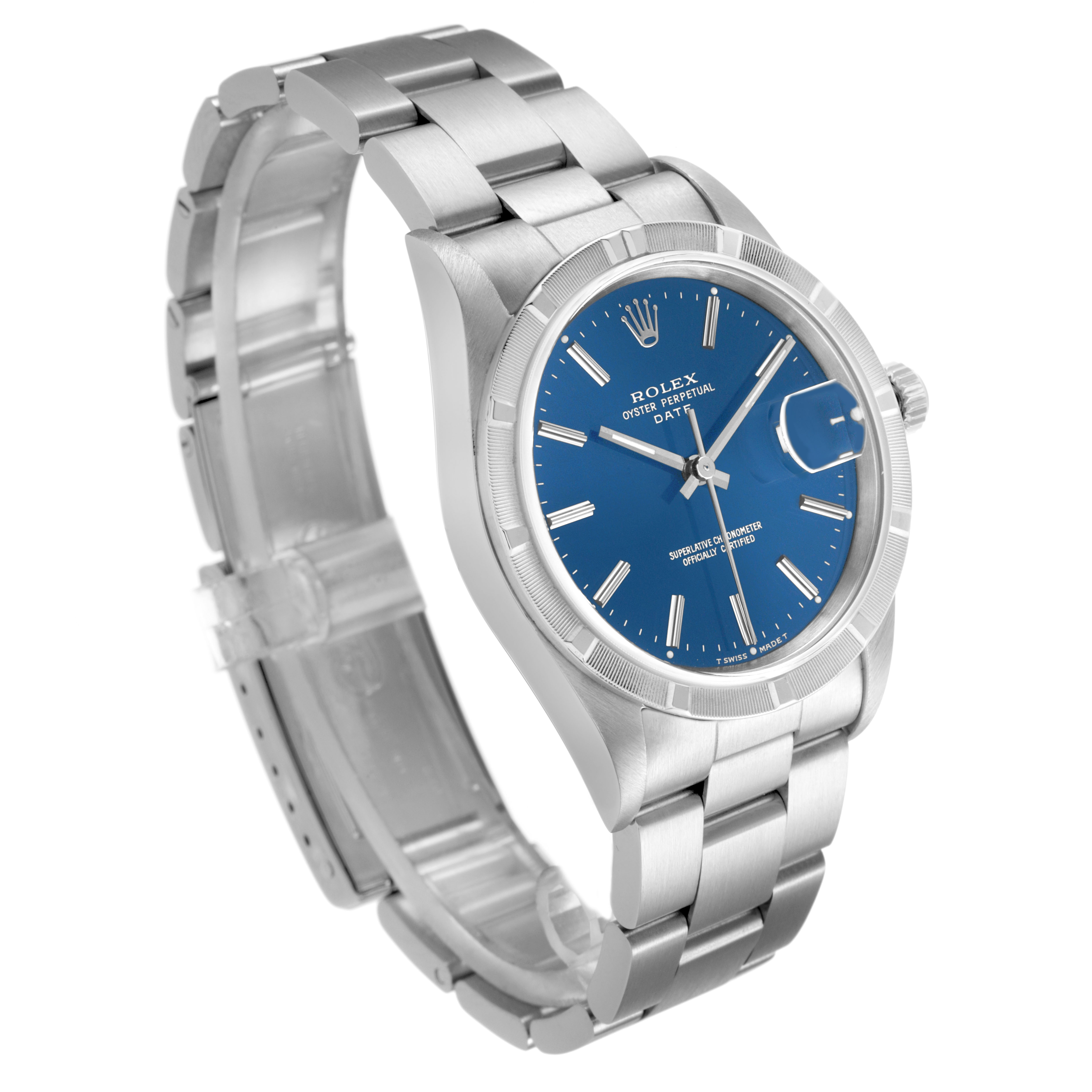 The Rolex Date 15210 Men's Stainless Steel Blue Dial watch is shown at a three-quarter angle, displaying the blue dial, case, bracelet, and Cyclops lens.
