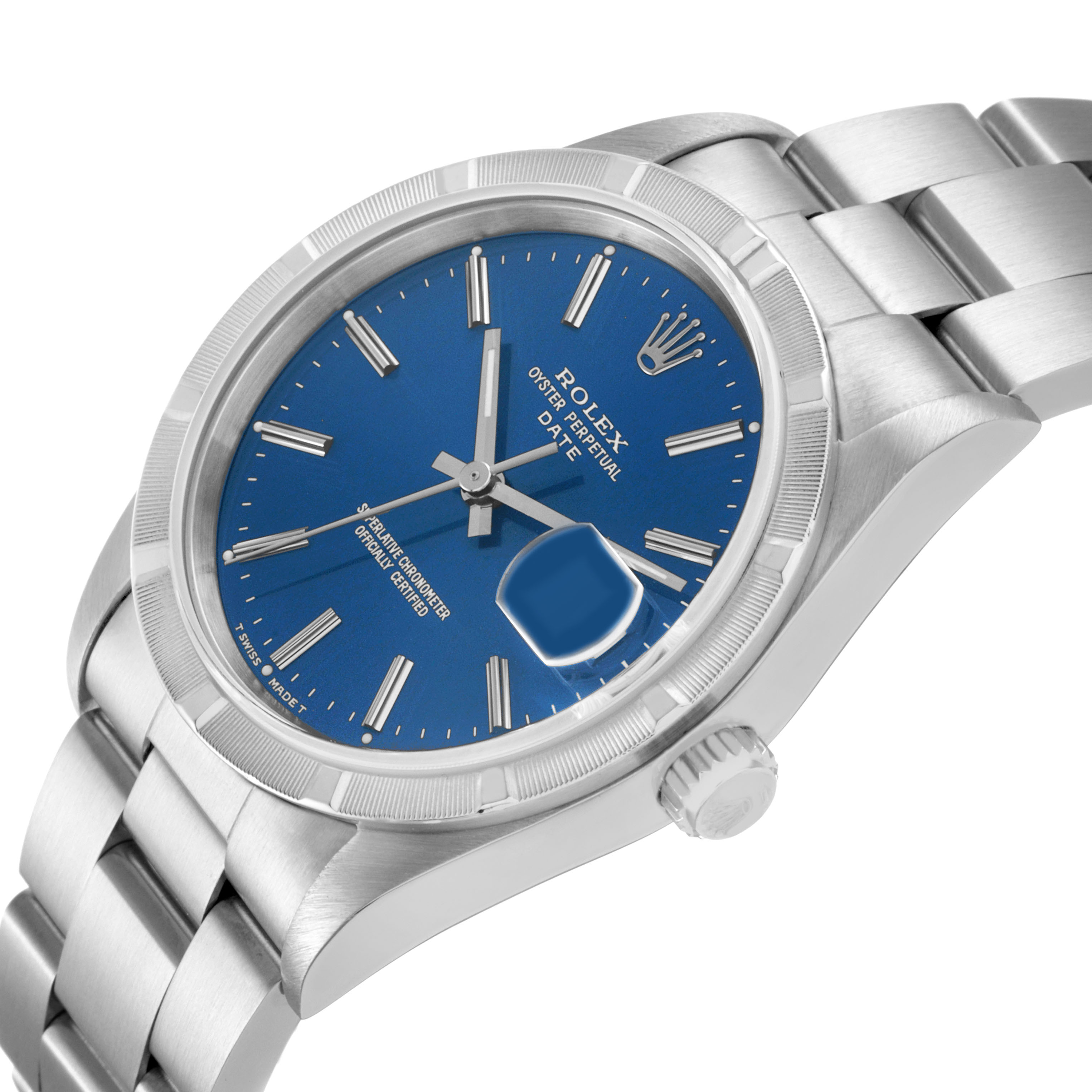 The Rolex Date 15210 Men's Stainless Steel Blue Dial watch is shown at an angle highlighting its blue dial, bezel, crown, and bracelet.