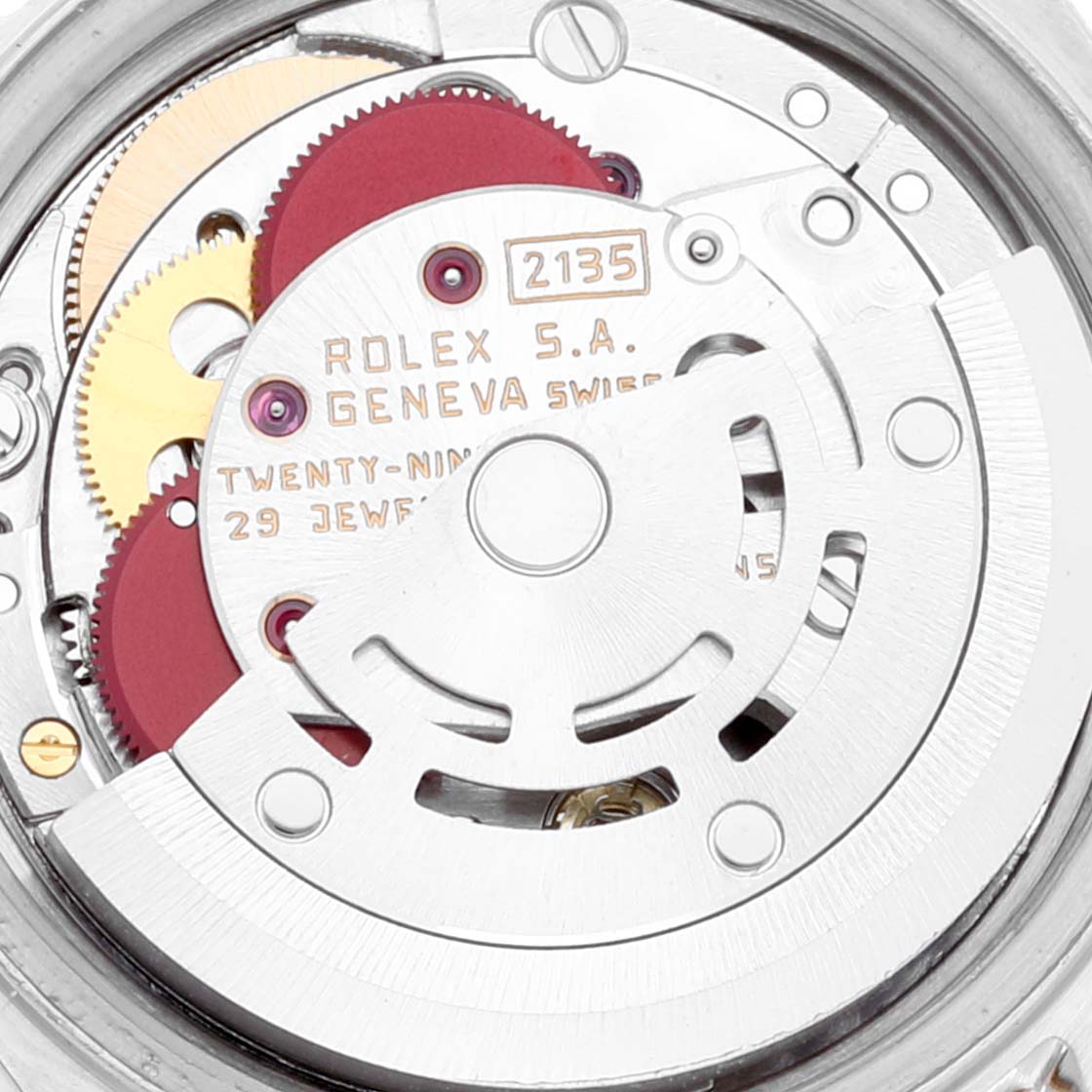 This image shows the internal movement mechanism of a Rolex Date 69173 Women's Steel and Gold (two tone) Silver Dial 69173 Women's Steel and Gold (two tone) Silver Dial model watch from a close-up angle.