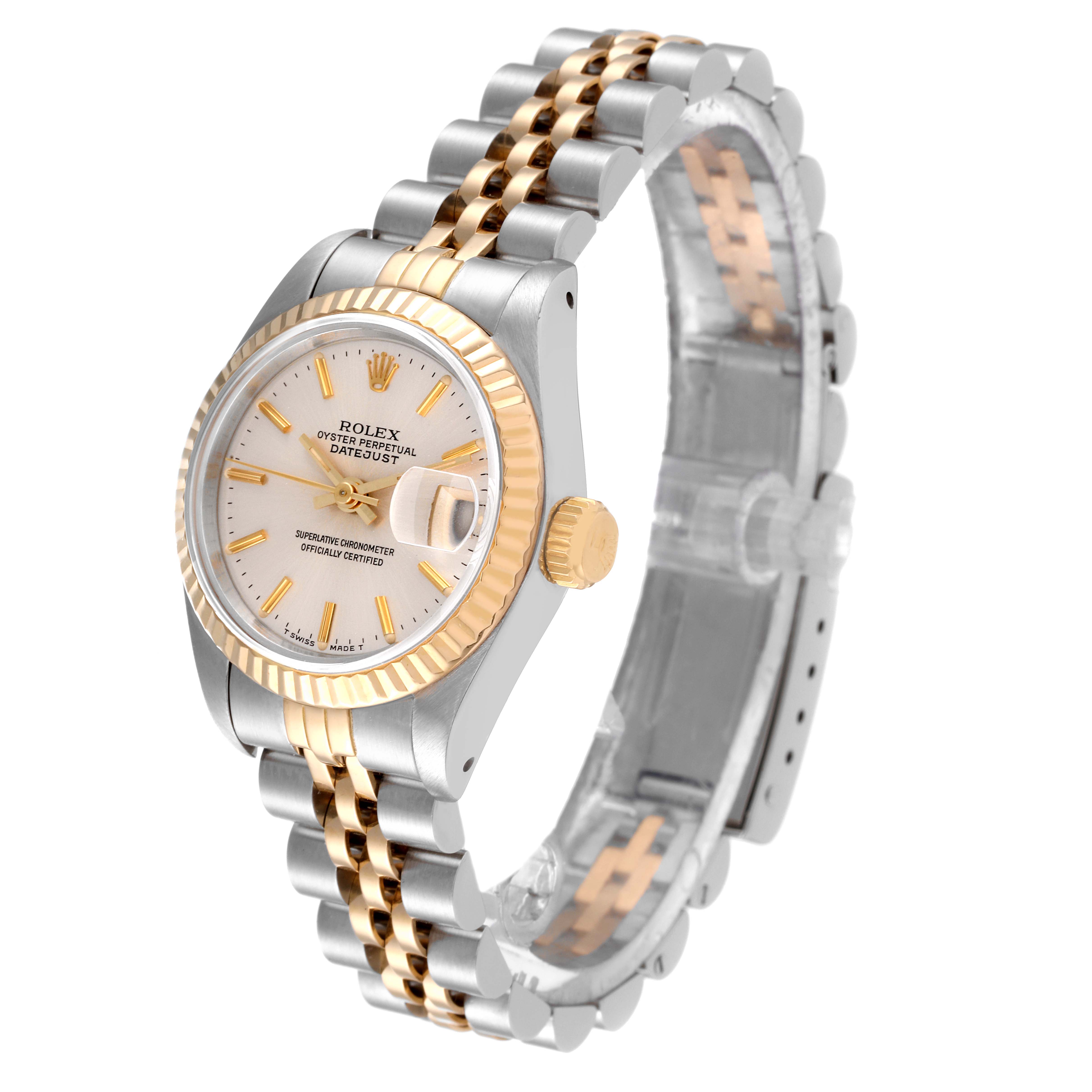 The Rolex Date 69173 Women's Steel and Gold (two tone) Silver Dial 69173 Women's Steel and Gold (two tone) Silver Dialjust watch is shown at an oblique angle, highlighting its face, bezel, crown, and two-tone bracelet.