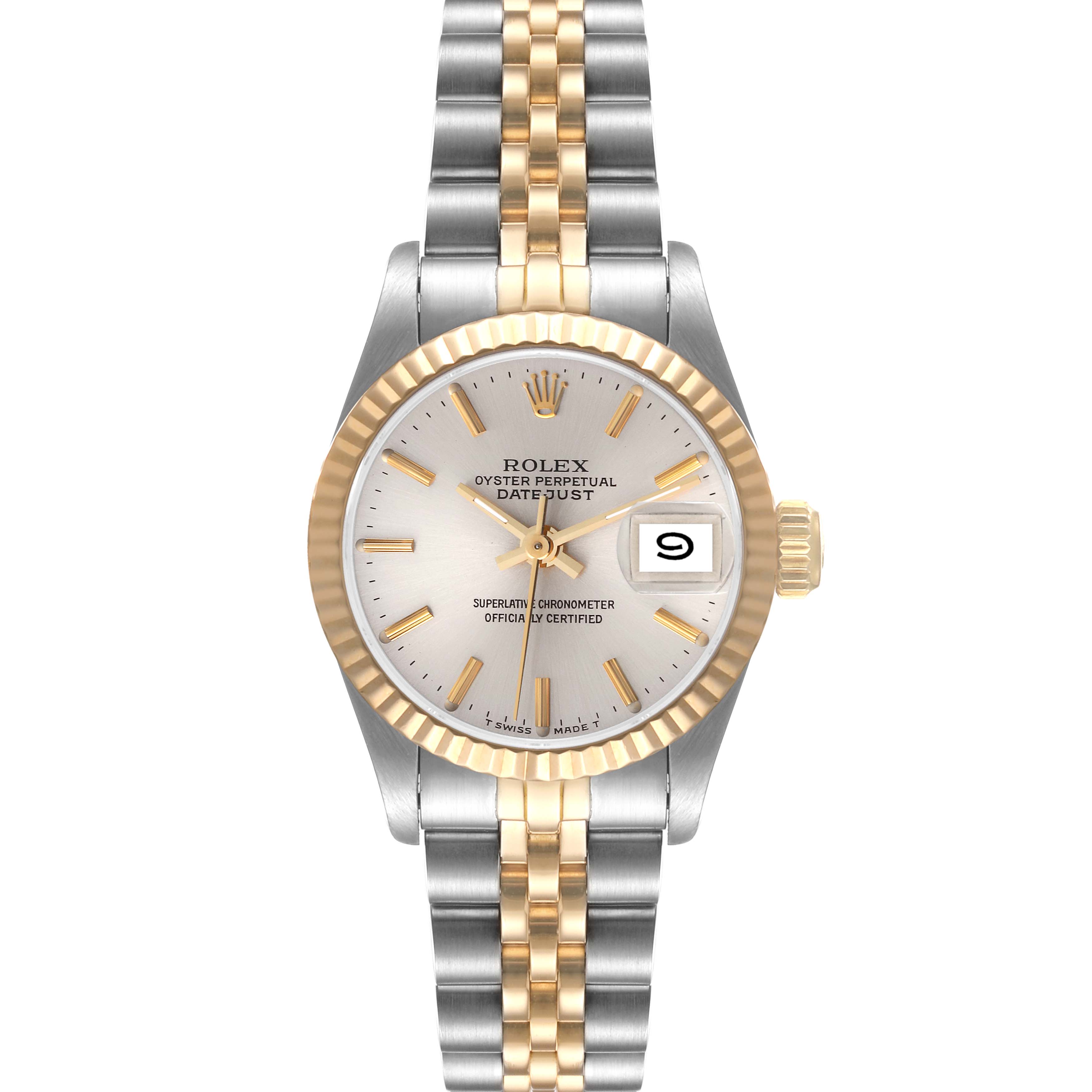 This image displays a Rolex Oyster Perpetual Datejust from a top-down angle, showcasing the dial, bezel, and bracelet.
