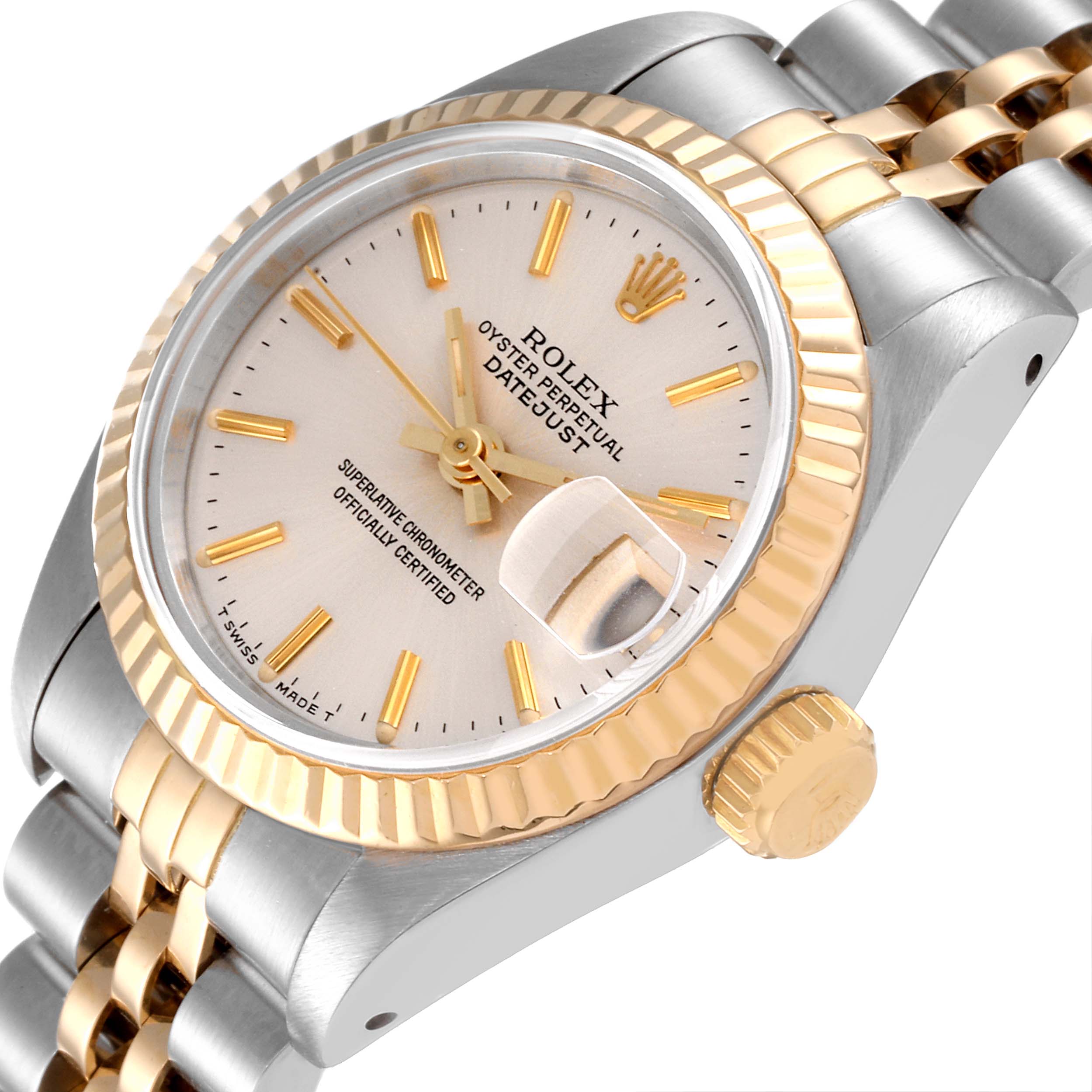 The image shows a close-up, angled view of the dial, crown, and part of the bracelet of a Rolex Date 69173 Women's Steel and Gold (two tone) Silver Dial 69173 Women's Steel and Gold (two tone) Silver Dialjust model watch.