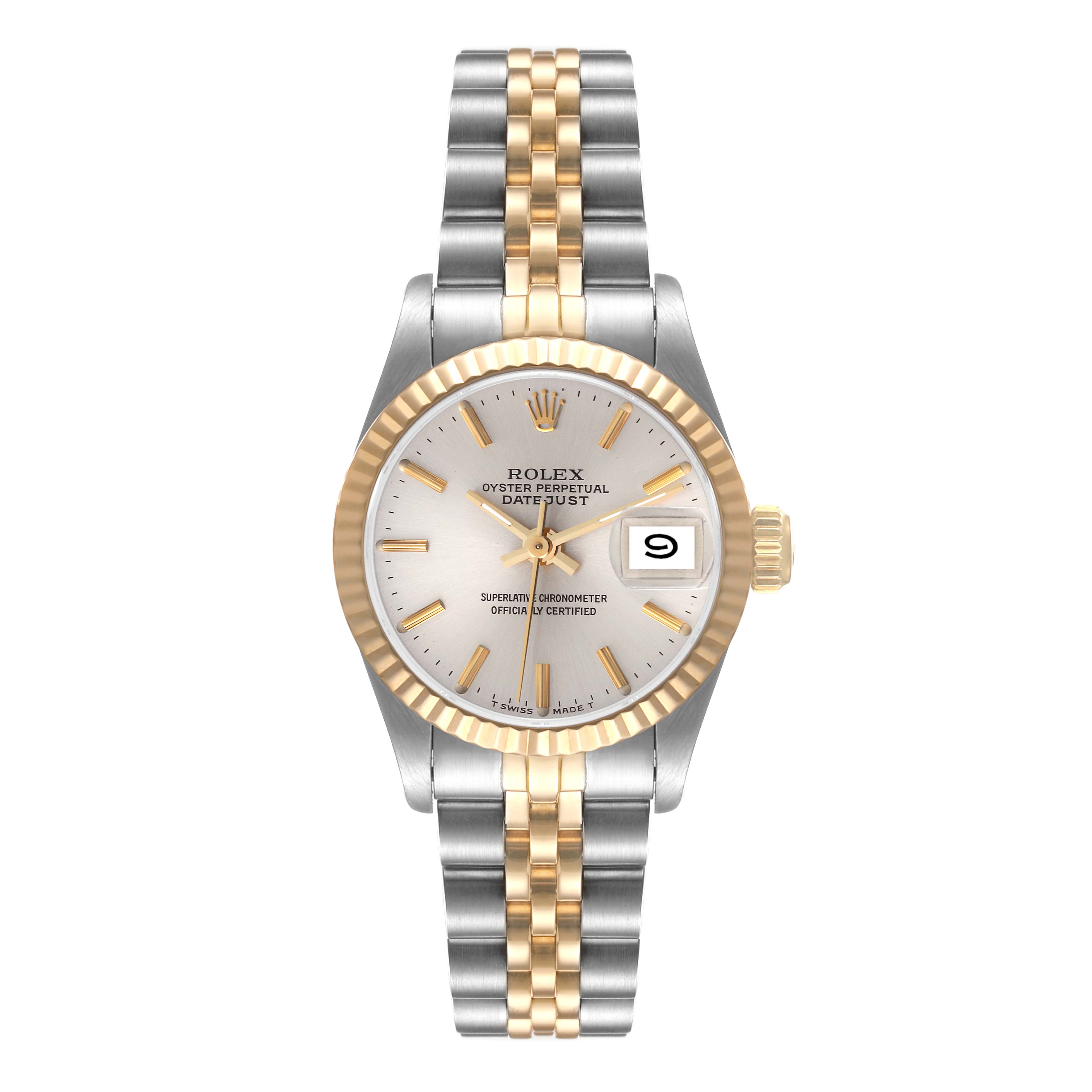 This image shows a front view of a Rolex Date 69173 Women's Steel and Gold (two tone) Silver Dial 69173 Women's Steel and Gold (two tone) Silver Dial model watch, highlighting its dial, bezel, and two-tone bracelet.