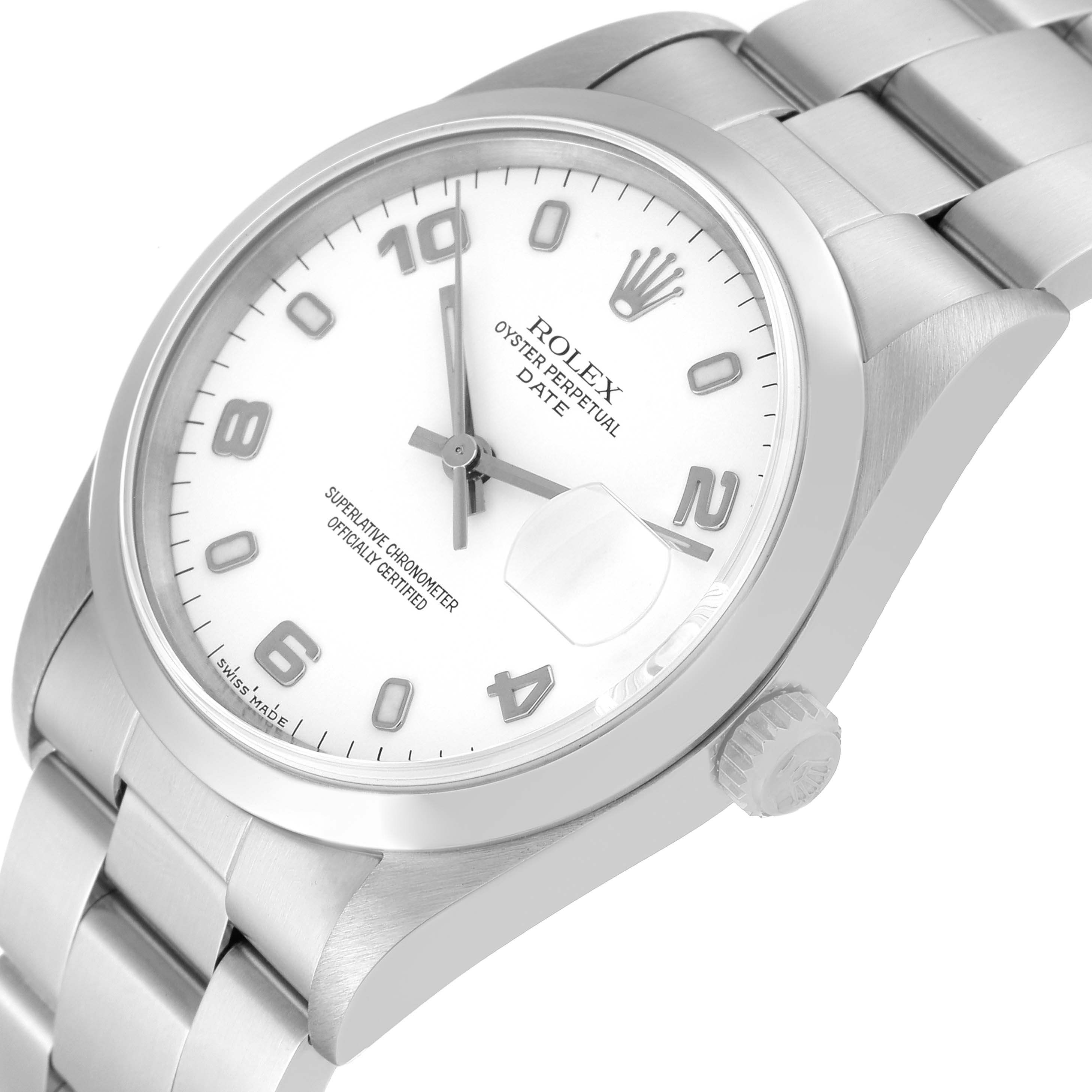 The image shows a close-up, angled view of the Rolex Date 15200 Men's Stainless Steel White Dial 15200 Men's Stainless Steel White Dial model watch, highlighting the dial, crown, and part of the bracelet.