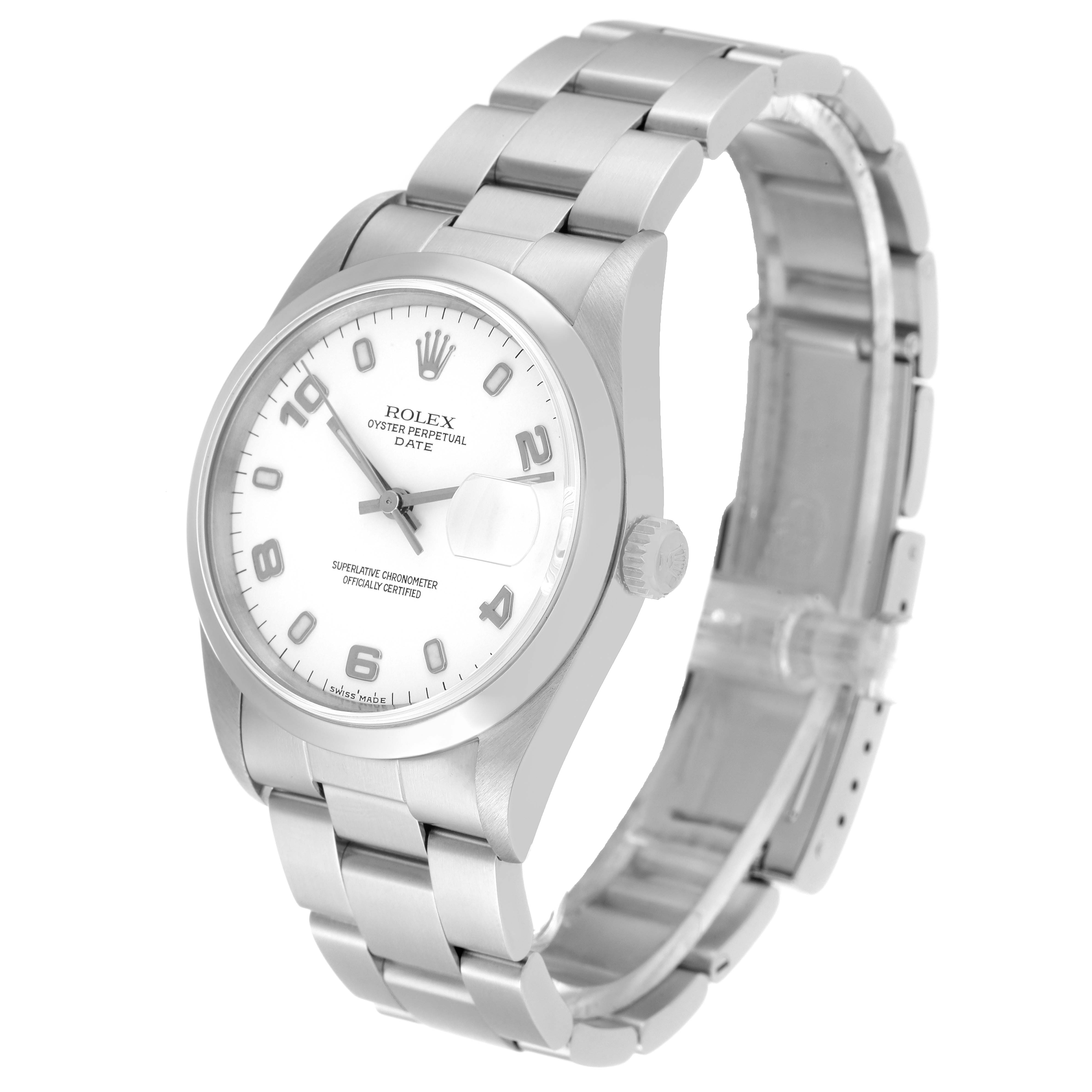 This image shows a Rolex Date 15200 Men's Stainless Steel White Dial 15200 Men's Stainless Steel White Dial model watch from a front angled view, displaying its face, bracelet, and clasp.